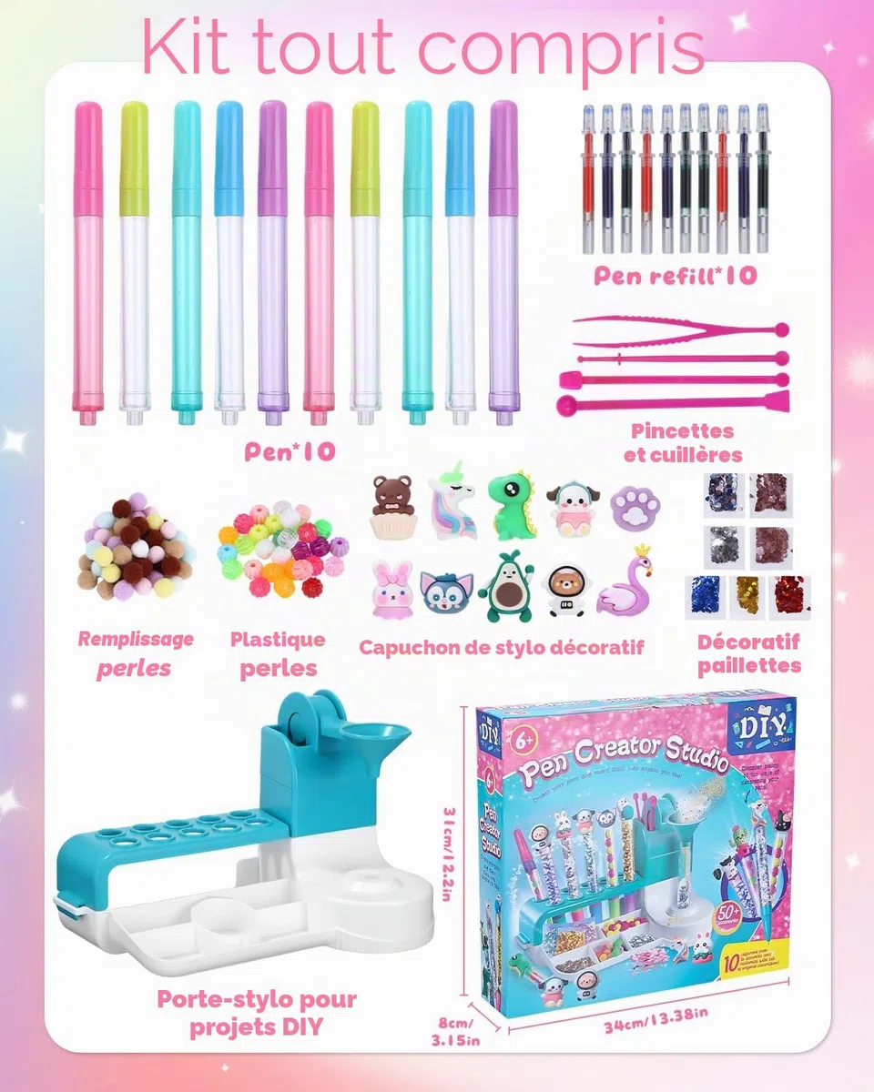 Kit de stylos à faire soi-même pour enfants à partir de 6 ans – Mon atelier de stylo avec 50 accessoires pour 10 stylos personnalisés (paillettes, plumes, figurines) – Kit créatif comme cadeau