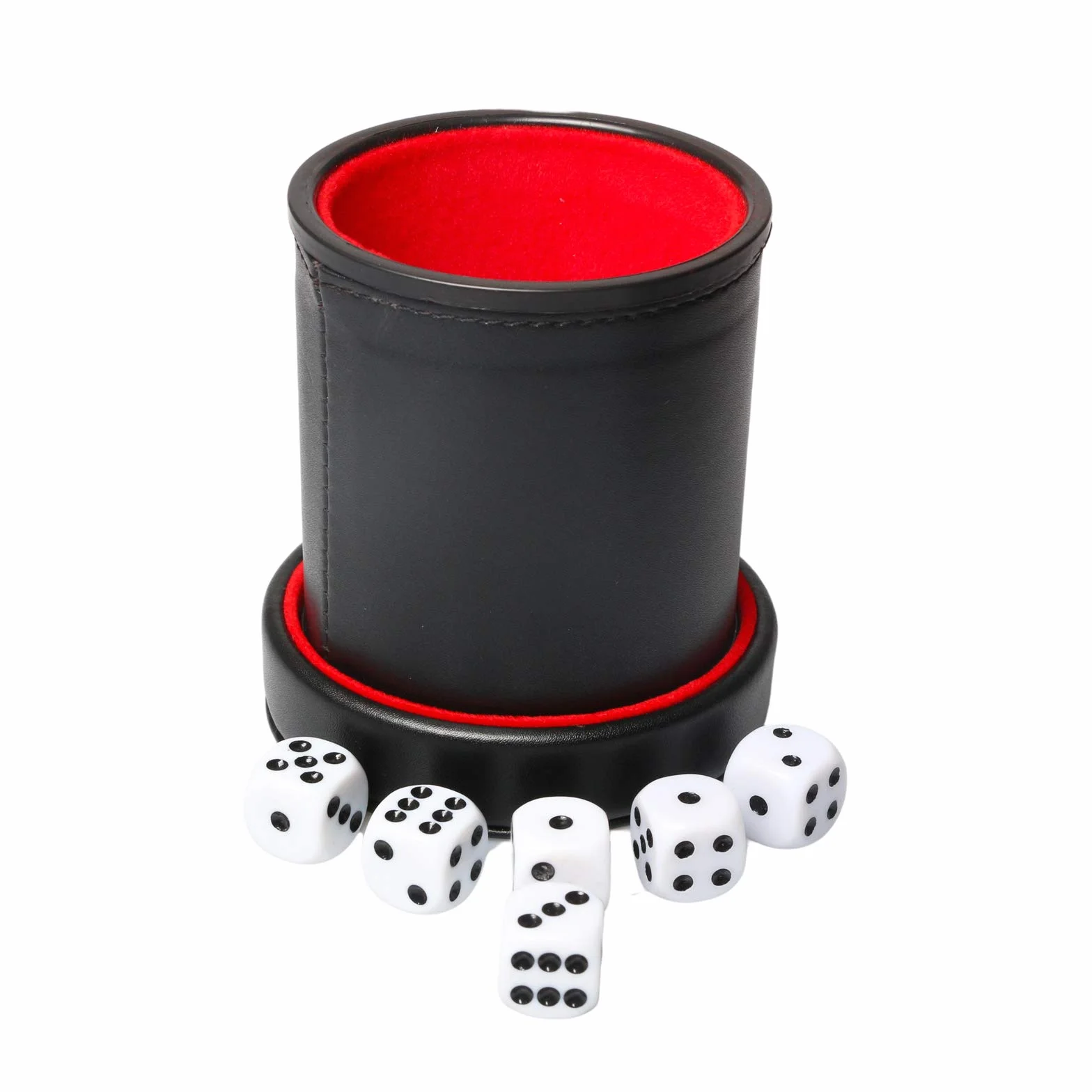 Liars Dice Farkle Yahtzee Tasse à dés en cuir synthétique avec couvercle et 6 dés silencieux avec doublure en feutre rouge