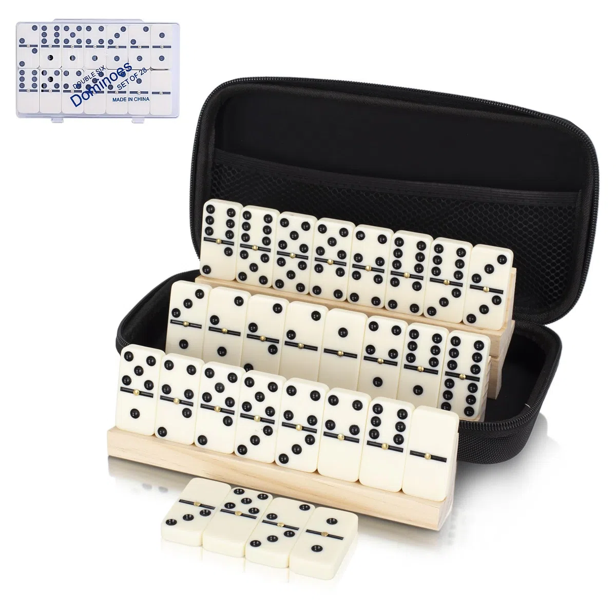 Double 6 Dominos Set for Adults, Durable 28 Tiles Dominos with 4 Wooden Racks and Carrying Case,Classic Board Games,Portable Travel Game
