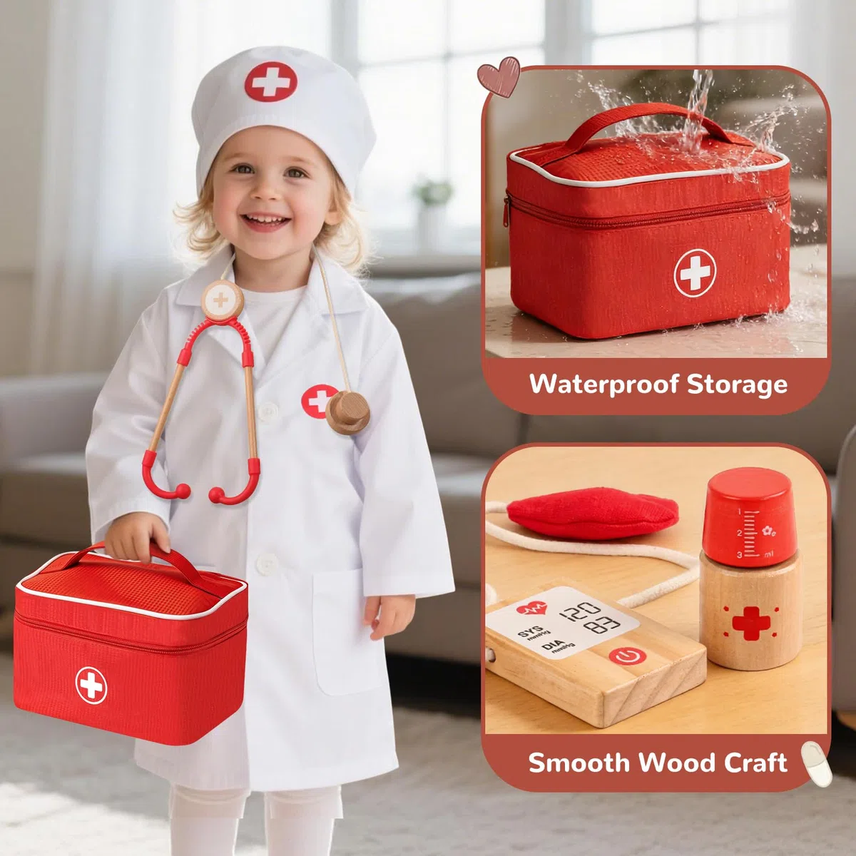 Jouet Enfant 3 Ans, Malette Docteur Enfant Jouet Fille Garçon 3 4 5 Ans, Jeux Enfants 3 Ans en Bois avec Blouse de Médecin, Mallette de médecin, Stéthoscope, Cadeau Enfant 3 Ans Jeux d'imitation