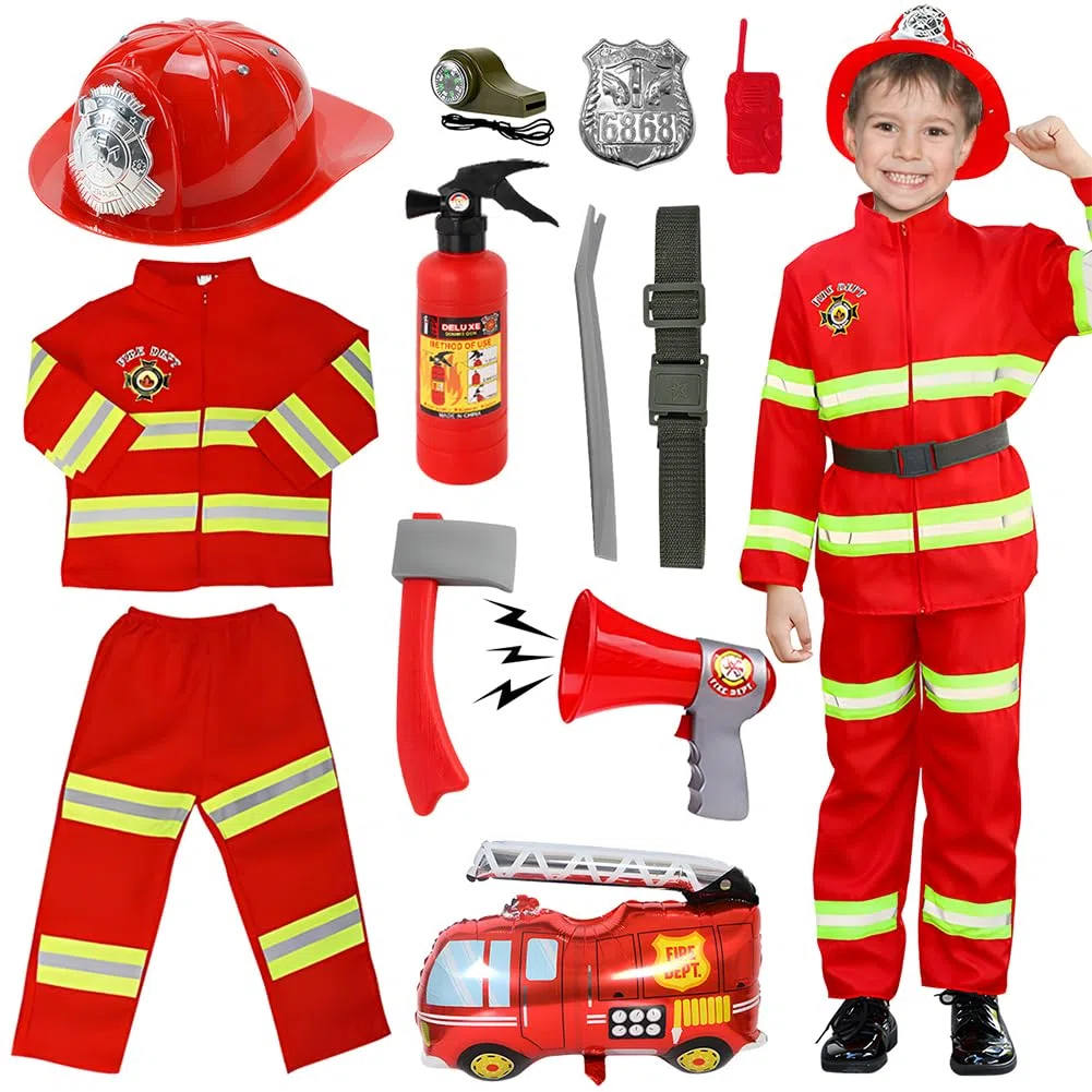 Costume de Pompier, 12pcs Jouet pour Enfants de 3 à 5 Ans pour Les Fêtes Costumées, L'éducation Aux Exercices D'incendie, Noël et le Jeu de Rôle à La Maison (110 cm)