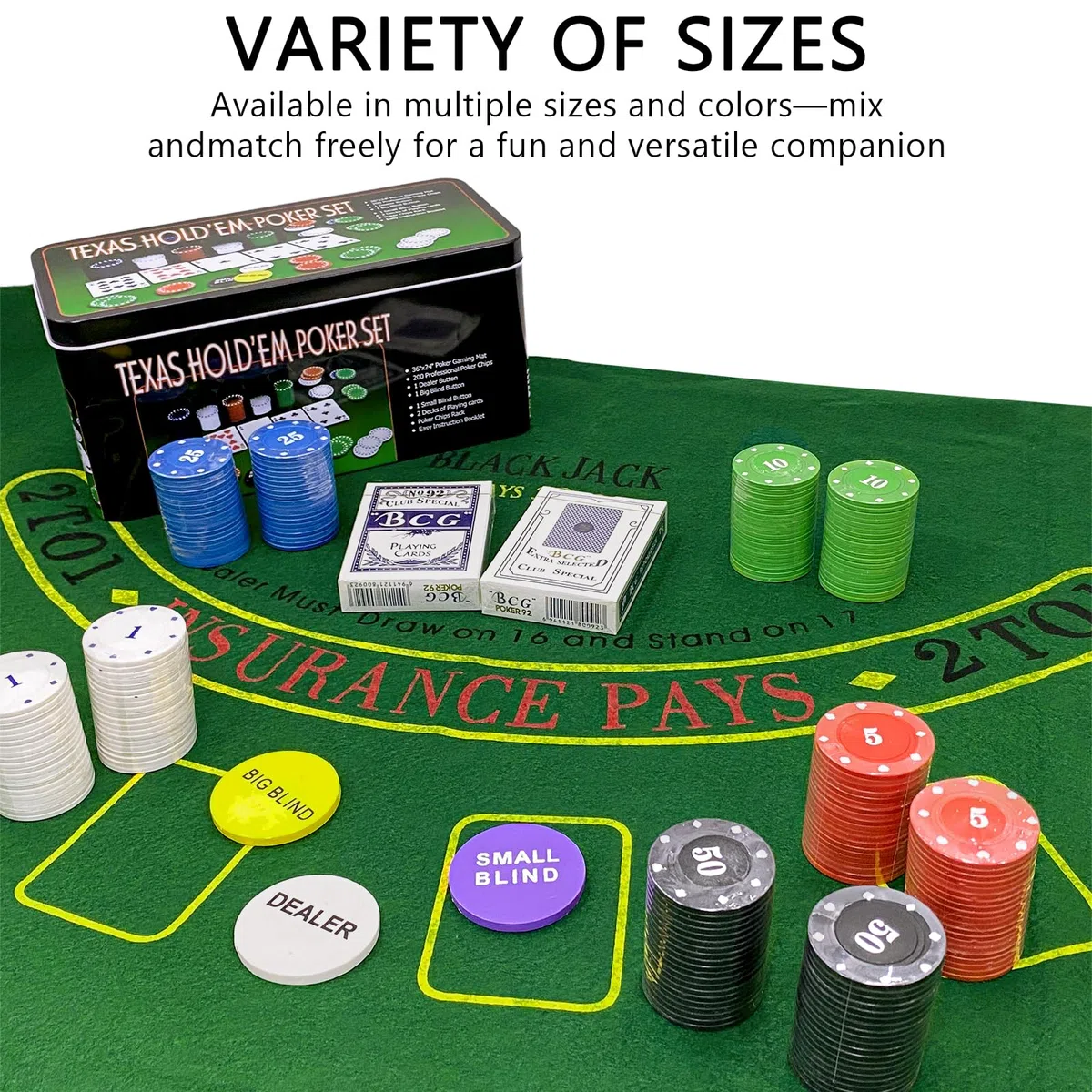 Kit de Poker 200 Jetons, Texas Holdem Set de Poker en Boite Métallique avec Tapis, 5 Couleurs Numérotés pour Soirée Jeux, Coffret de Complet pour Adultes (Kit de Poker 200 Jetons)