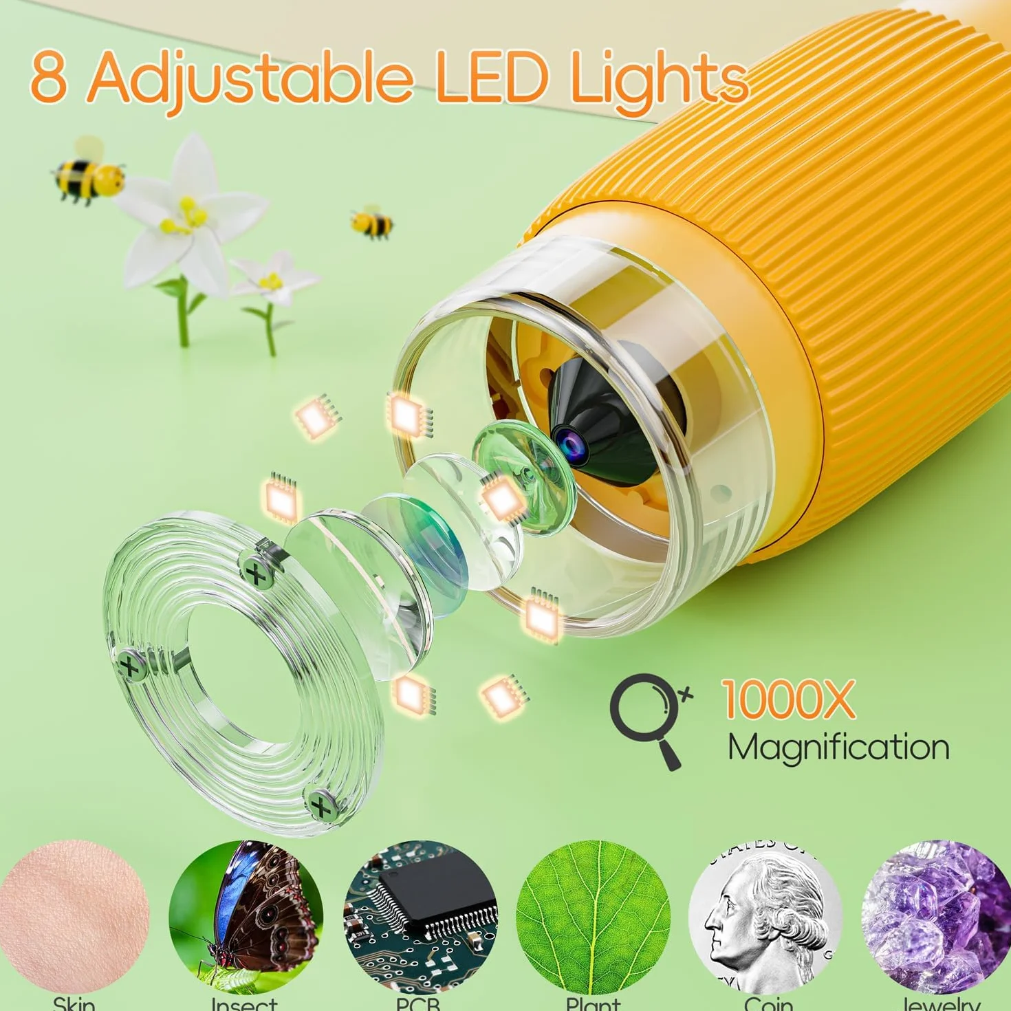 Microscope numérique pour Enfants, écran IPS de 2 Pouces, Rechargeable, SGAINUL grossissement 1000x, Microscope Enfant Portable, 8 lumières LED, Convient aux Enfants de 3 à 8 Ans（Orange）