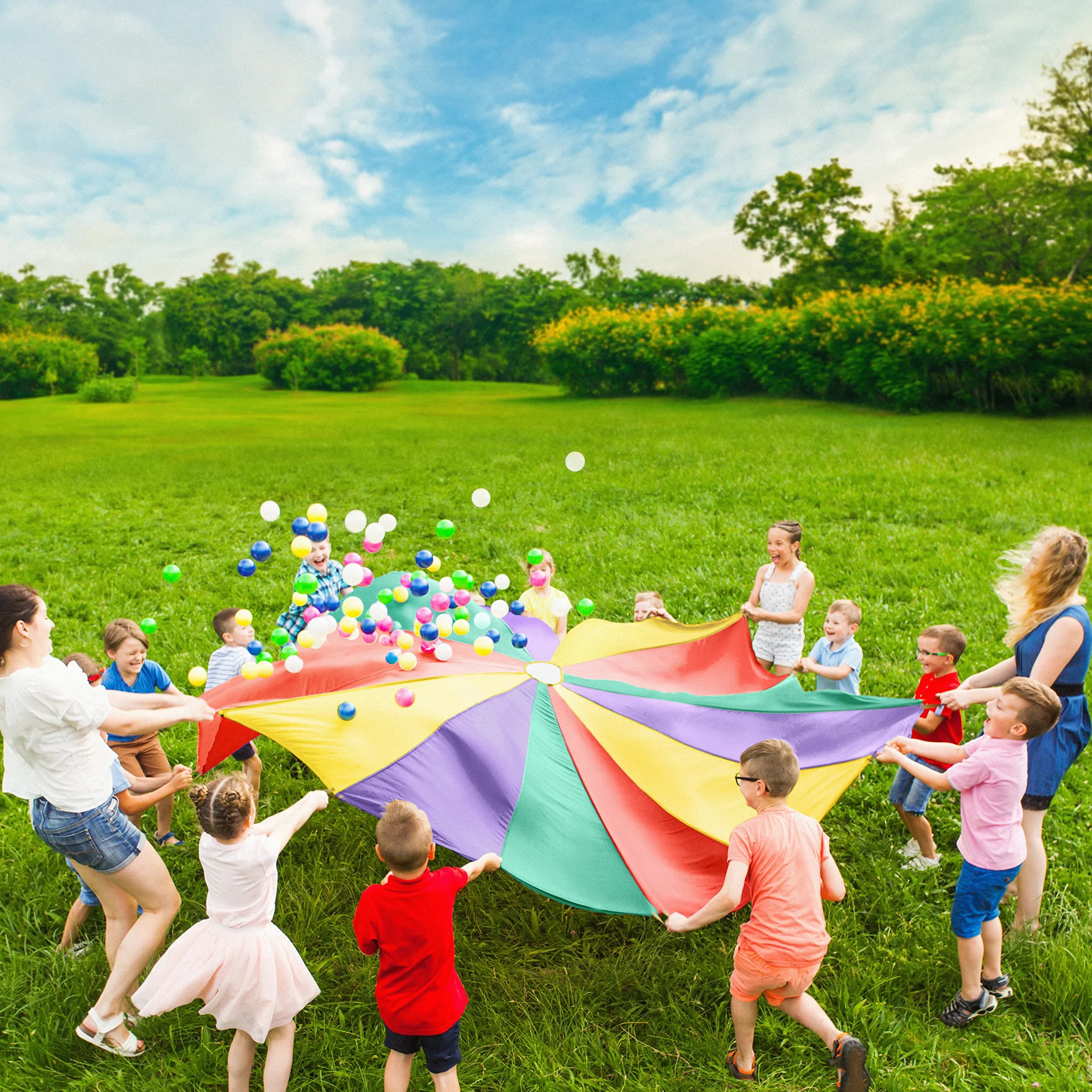 THE TWIDDLERS XL Grande Tente de Parachute Arc-en-Ciel avec 12 Poignées pour Garçons & Filles - 3,7m - École & Jeu Extérieur, Anniversaire Enfants