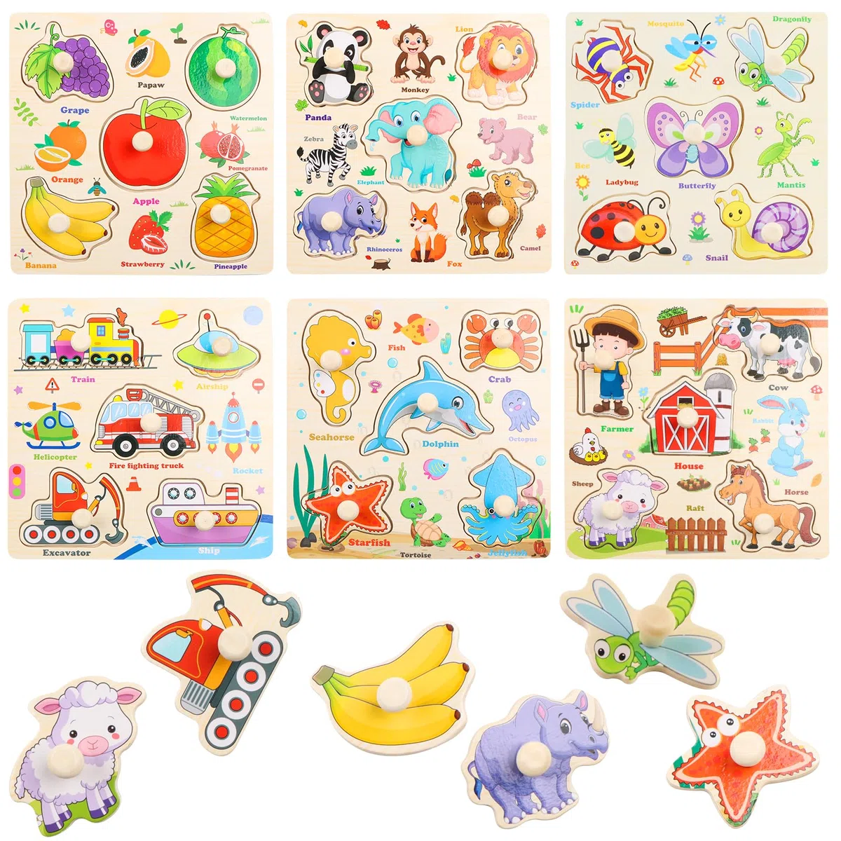6 Pièces Puzzle Bois avec Poignée - Apprentissage Précoce Puzzle Encastrement éducatif Montessori pour Garçons Filles- Puzzles Encastrable Vehicule Ferme Fruits Animaux Marins Insectes