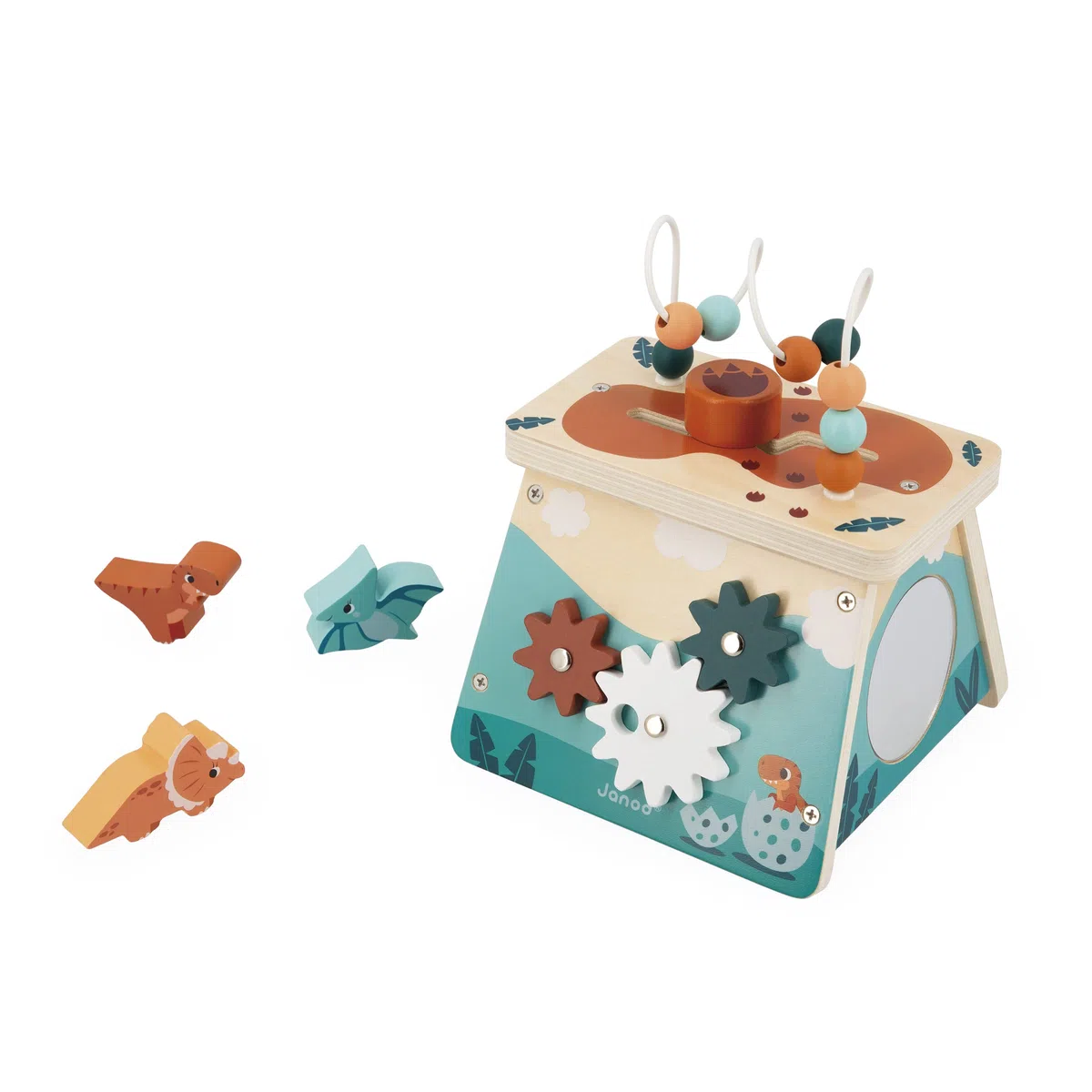 Janod - Volcan Multi Activités - 5 Activités - Jeu d'Éveil Premier Age - Motricité Fine - Jouet Enfant Dinosaure en Bois FSC - Dès 12 Mois, J05827