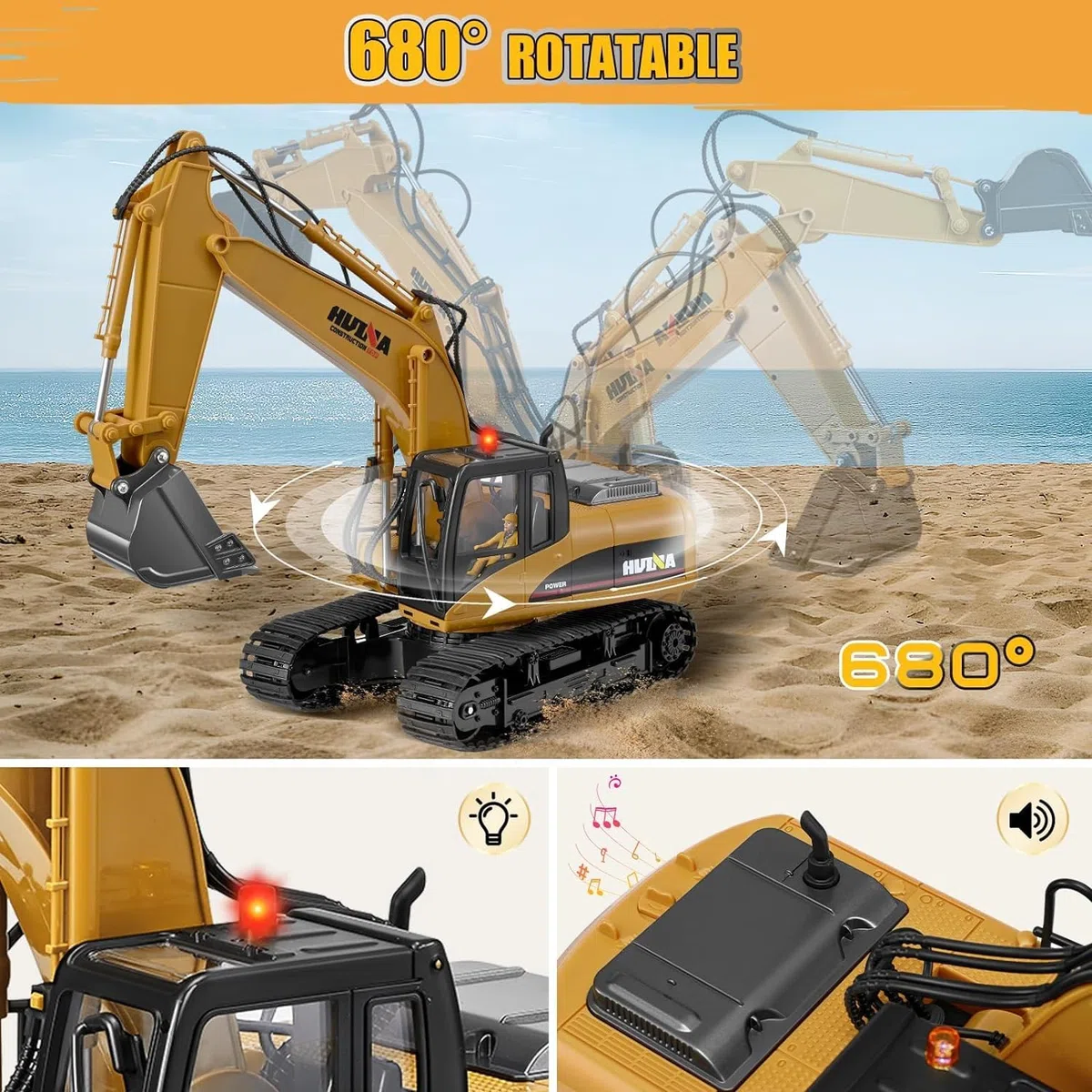Lischwert Pelleteuse Télécommandée,Pelle RC en Alliage 3 in1,Télécommande Digger 1/14 22 canaux,Excavatrice Jouet Camion Chantier Télécommandée avec LED et Son