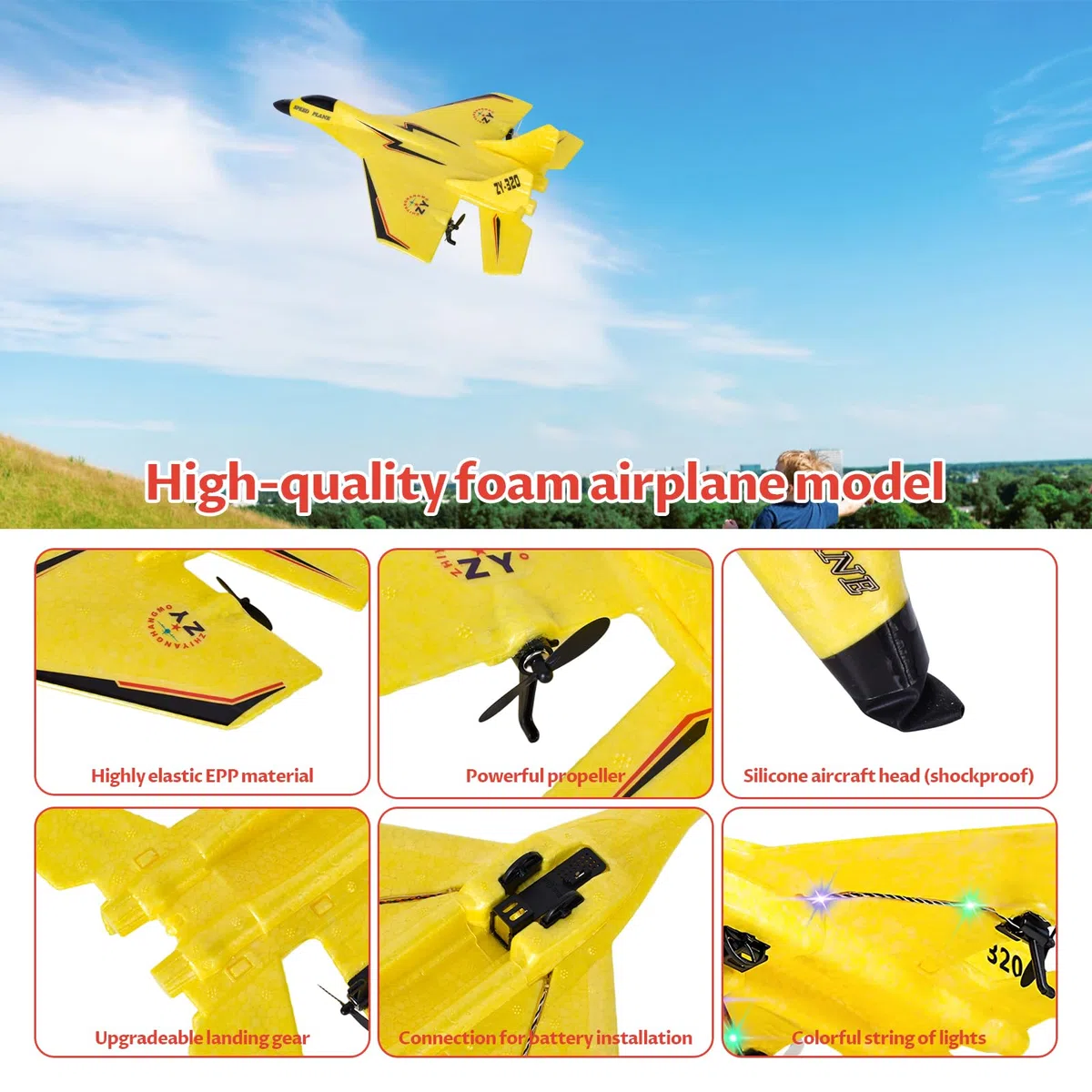 2 Canaux Avion Télécommandé, 2,4 GHz Avion RC avec LED, Facile à Piloter pour Les Enfants et Les Débutants, Chargement USB, Jaune