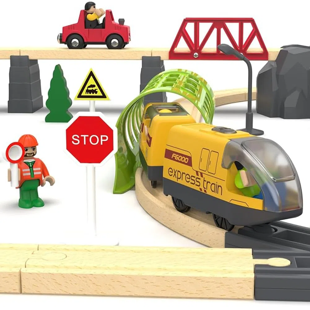TOPLIVING Train de train motorisé en bois télécommandé avec connexion magnétique - Train de locomotive à piles pour tout-petits - Compatible avec Thomas, Brio, Chuggington (sans piste)