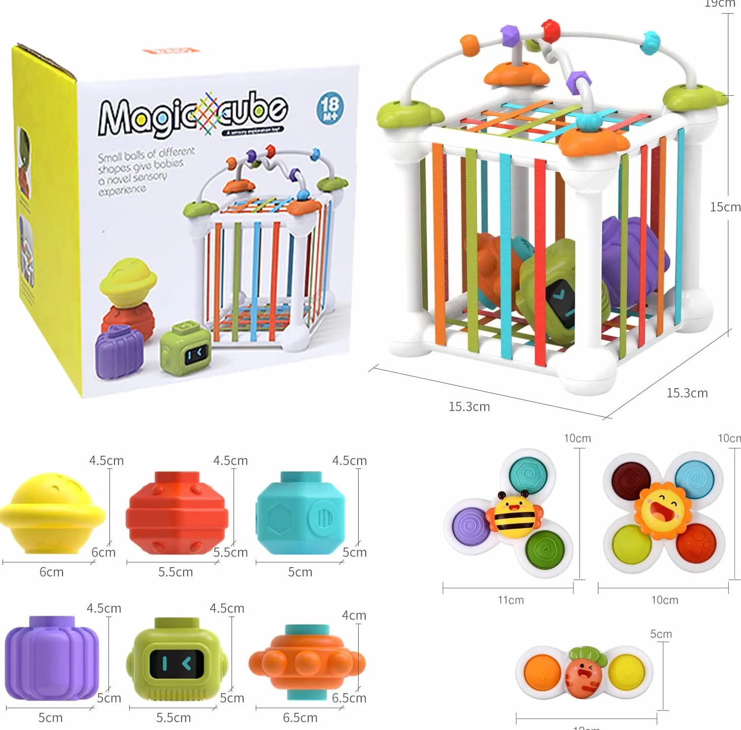 Jouets d'éveil Montessori Cubes pour Bébés 12PCS, Trieur de Formes, avec 3 Jouets à Spinner Ventouse et 6 Formes Multisensorielles et Labyrinthe de Perles, pour enfants 1-3 Ans