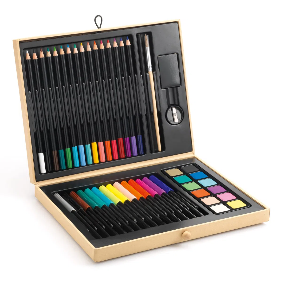 DJECO Boîte de Couleurs, dès 5 Ans - Contient Crayons, Feutres, Gouache, Pinceau, Gomme, Taille-Crayon - Stimule la Créativité - Mallette Art Portable et Personnalisable - Qualité Supérieure, EU