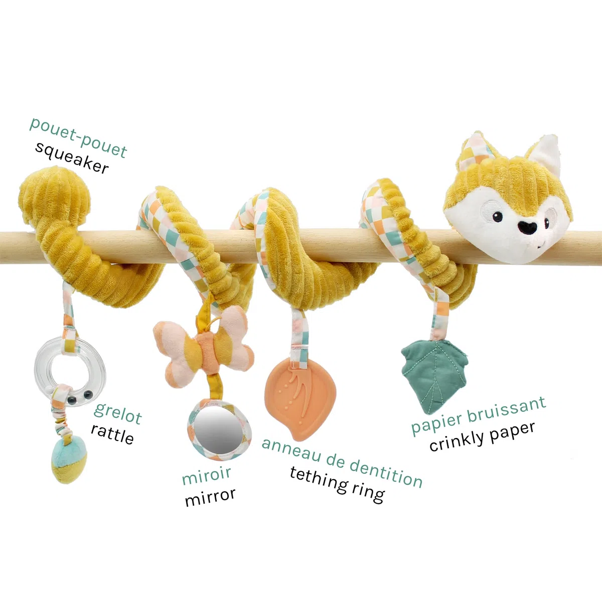 Les DEGLINGOS - Spirale d’activités Cyranos Le Renard - Jouet d’éveil pour bébé avec activités sonores et tactiles - 1 pièce - Moutarde - 40cm déployé