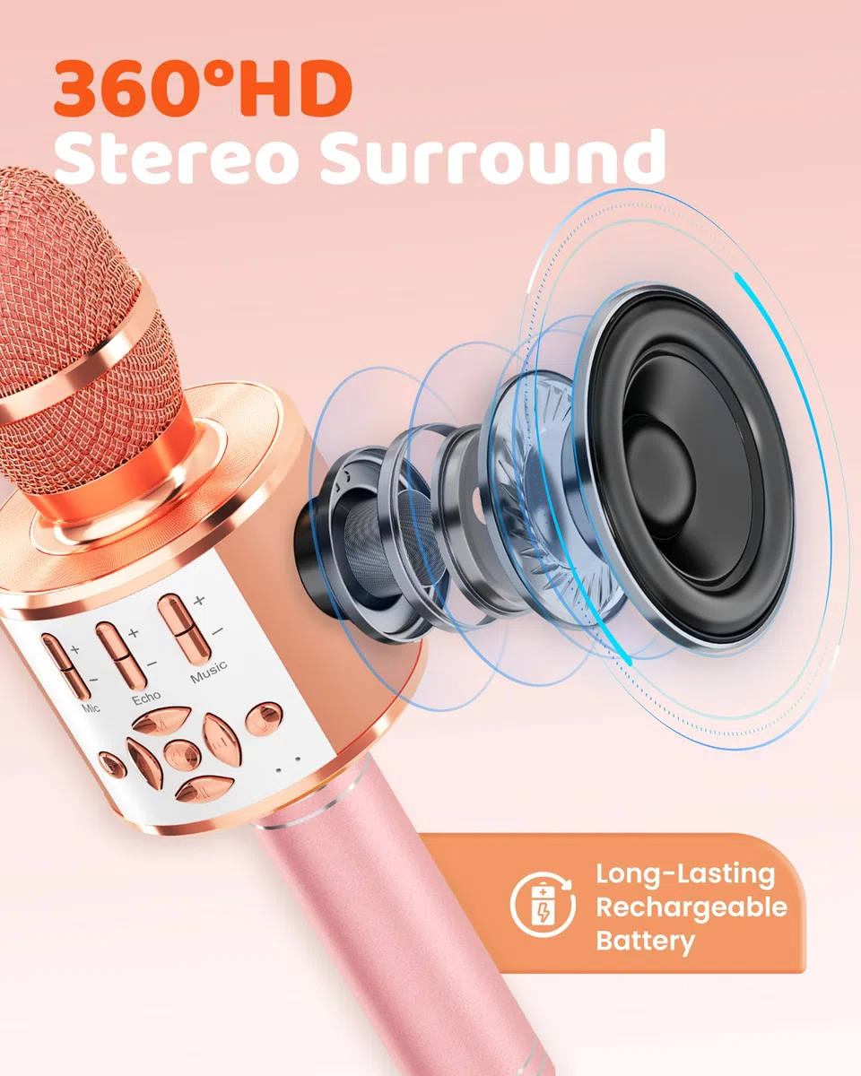 BONAOK Microphone Bluetooth sans Fil, Micro Enfants avec Lumières LED, Mini Machine Karaoké pour Fête/Maison/Anniversaire, Compatible avec Bluetooth iOS Android (Rose)