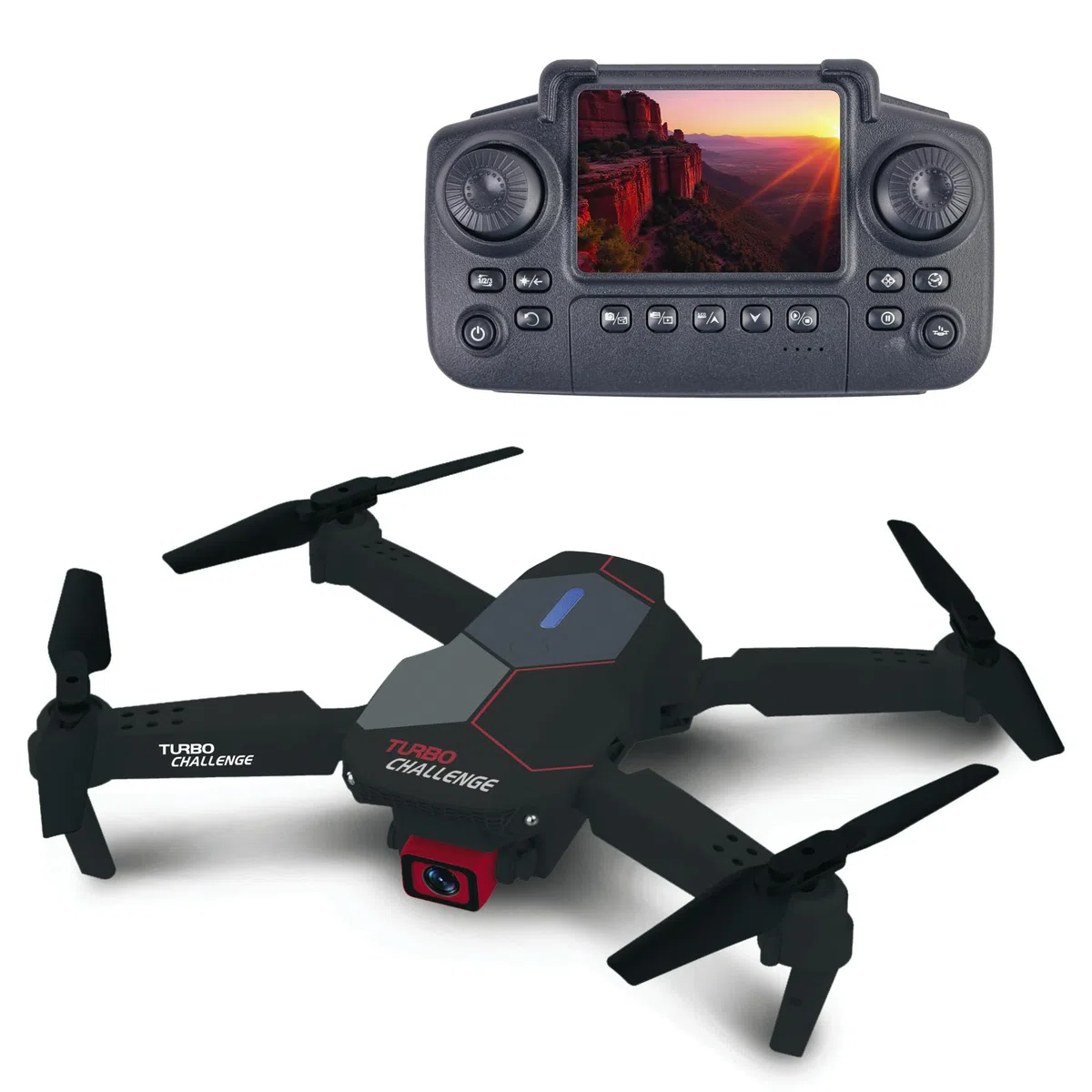TURBO CHALLENGE - Drone - Quadricoptère - 400329 - Dispositif Volant - Noir - 2 Batteries Rechargeables - Cadeau - Anniversaire - Vidéo - Photo - Radiocommandé - Ecran Intégré - À Partir de 14 Ans