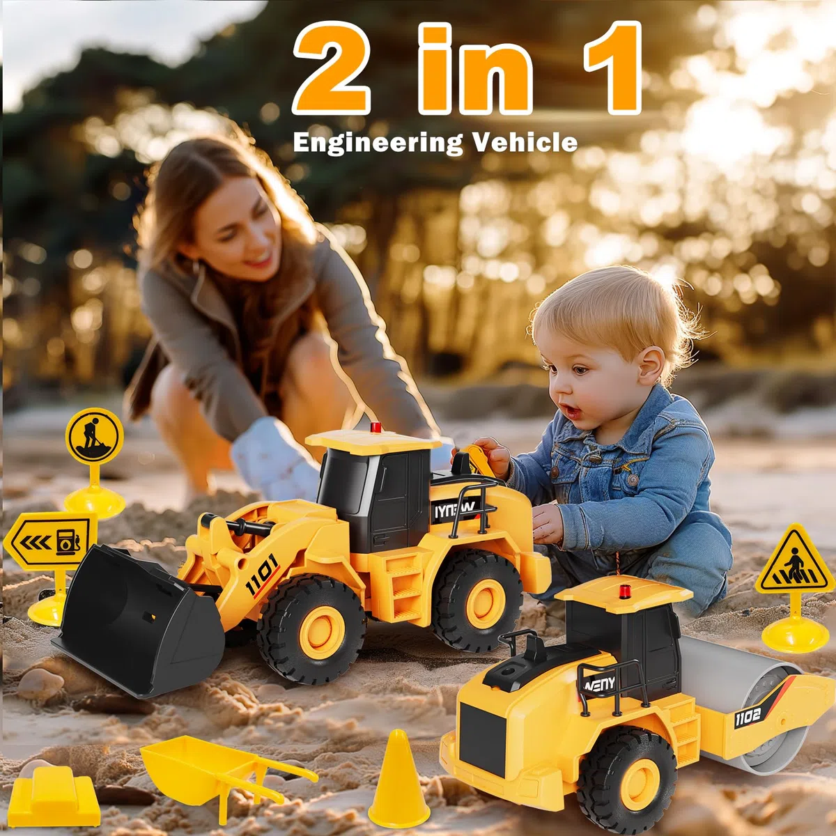 Engin de Chantier Jouet, 2Pcs Jouets de Sable avec Musique & Lumière, Jouets de Camion Bulldozer et Rouleau compresseur, Cadeau pour Garçons Filles Enfants Âgés de 3 4 5 6 7 8 Ans