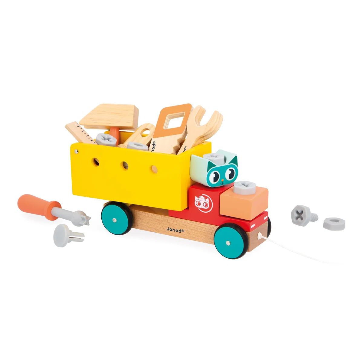 Janod - Mon Premier Jeu de Construction - Camion de Bricolage à Tirer - 23 Accessoires - Imitation - Motricité Fine & Créativité - 24 Mois + - J06451