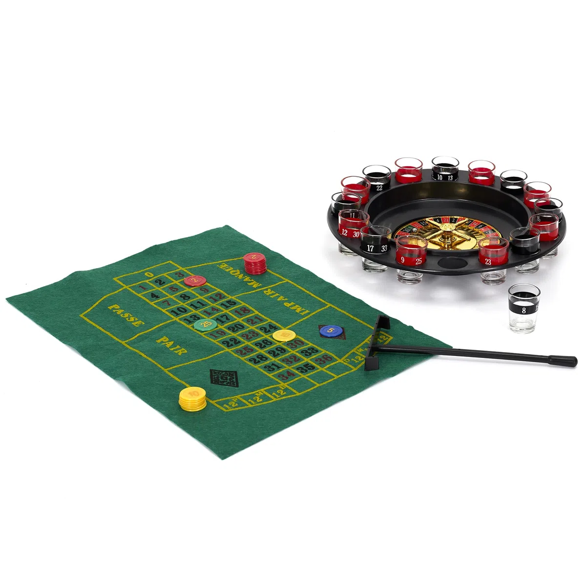 MISTER GADGET - MG3374 Jeu à Boire Roulette - Ensemble Casino avec 16 Verres à Shots, Tapis de Jeu, 60 Jetons, 2 Billes - 30.5 x 6.5 x 30.5 cm - Noir, Rouge, Vert, Blanc