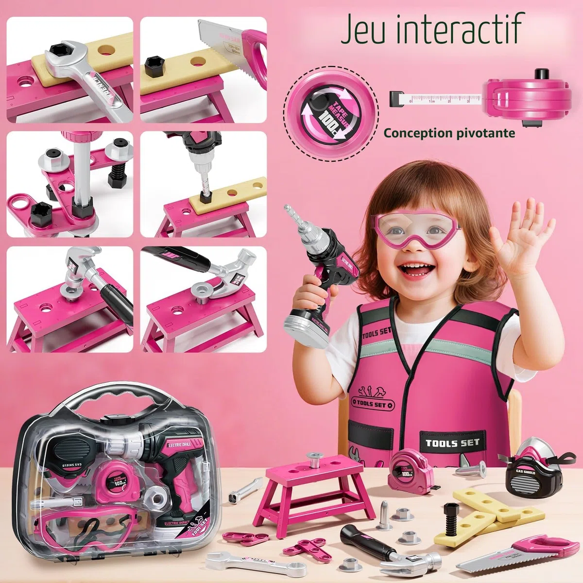 KidBloom Jouet Fille 3 Ans, Boite a Outils Enfant Rose avec Perceuse Électrique, Boîtes à Outils & Gilet, Jouet Enfant 3 4 5 Ans Fille