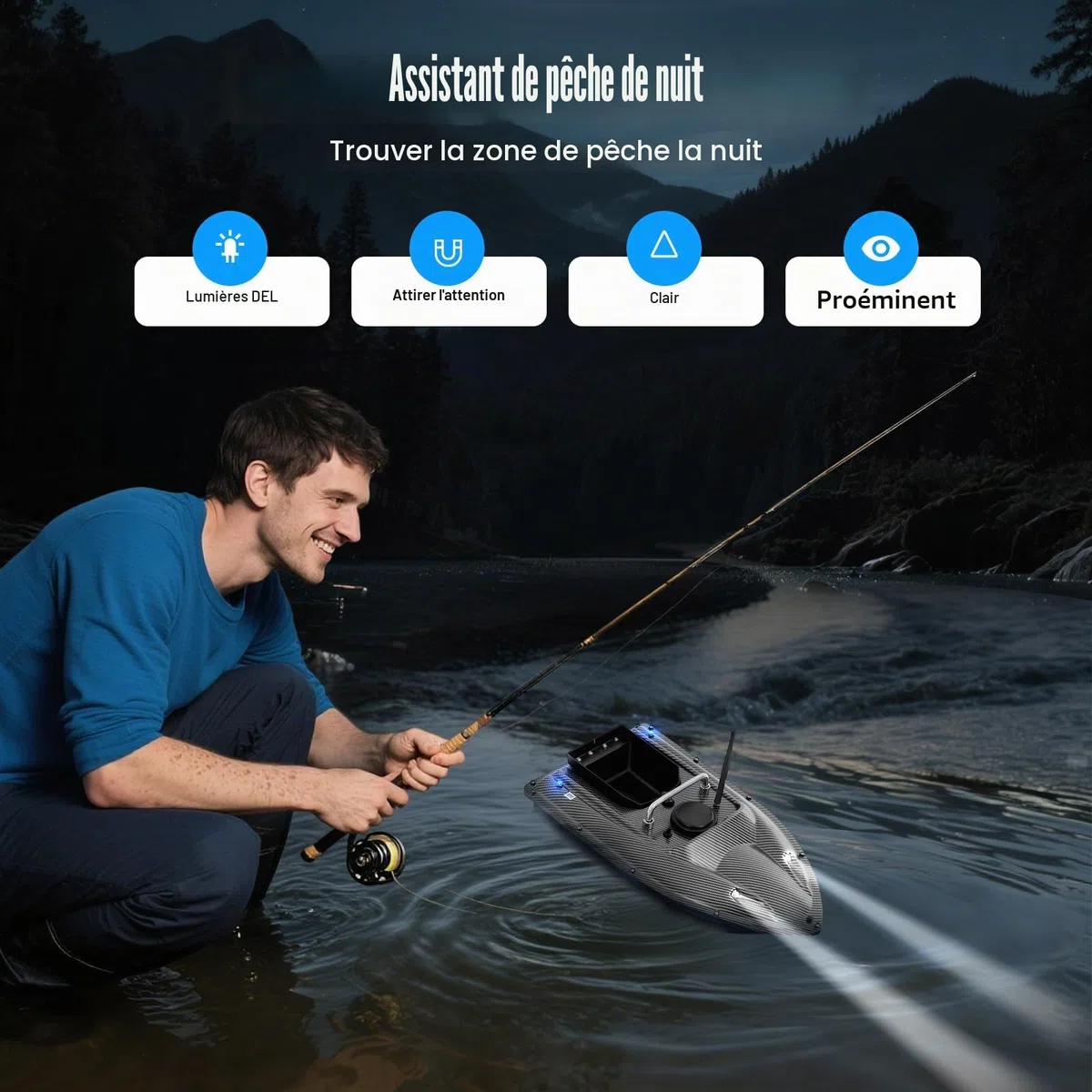 Bateau amorceur de pêche, 500 m, bateau à appâts avec télécommande et GPS, bateau amorceur pêche de nuit 2 kg, bateau de pêche pour retenues d'eau et lacs, vert