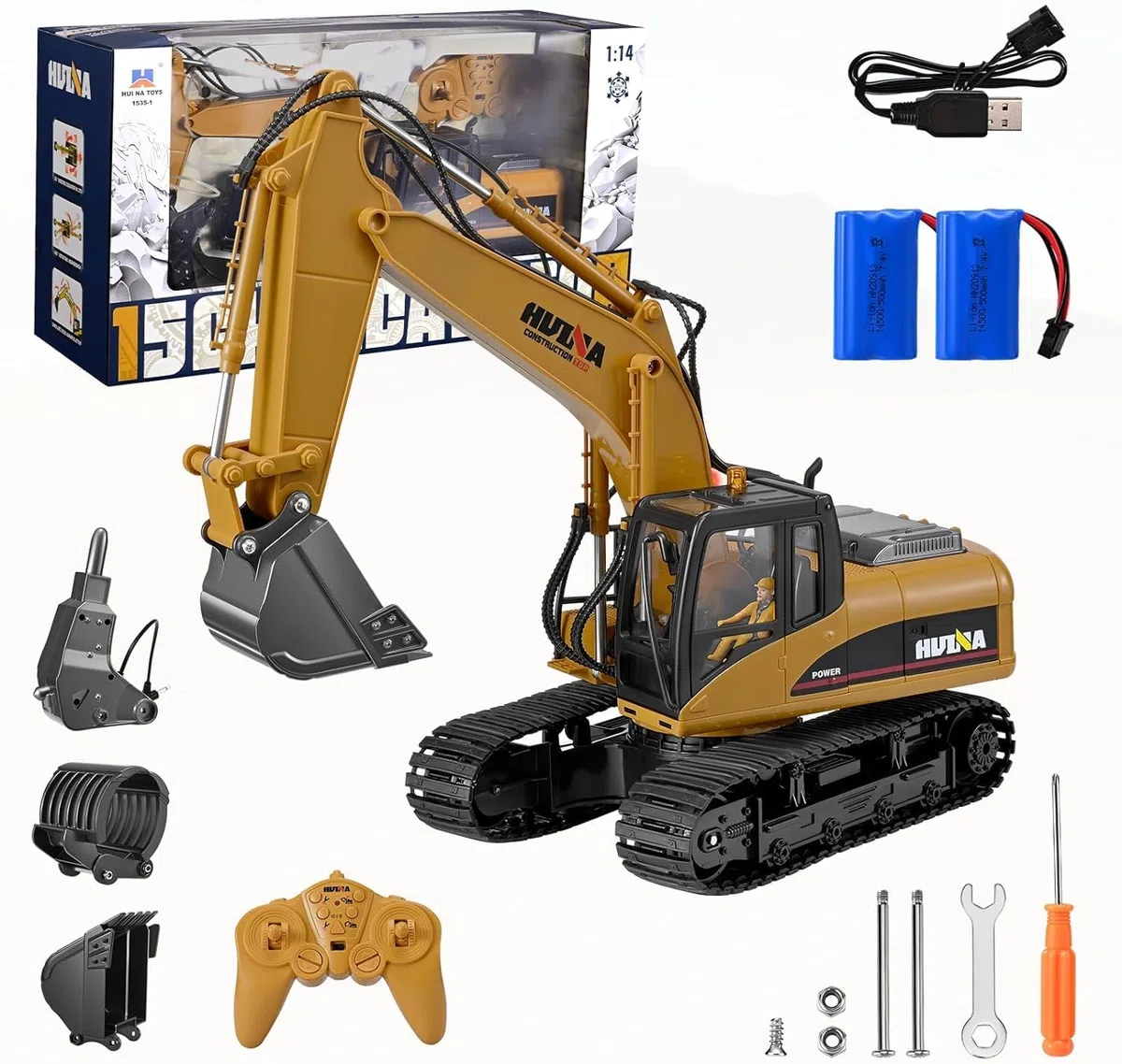 Lischwert Pelleteuse Télécommandée,Pelle RC en Alliage 3 in1,Télécommande Digger 1/14 22 canaux,Excavatrice Jouet Camion Chantier Télécommandée avec LED et Son