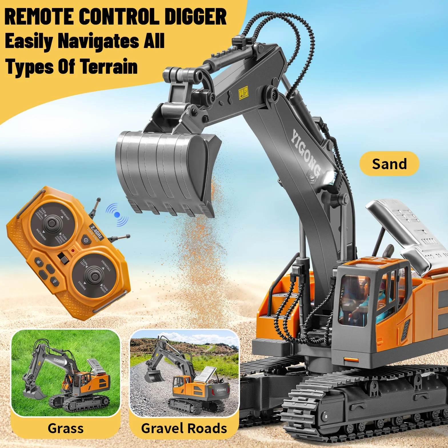 Excavateur Télécommandé pour Enfants,Excavateur Rechargeable avec Pelle en Métal,Excavateur Hydraulique Rc avec Lumières et Sons,Jouet de Creusage pour Garçons de 4-14 Ans