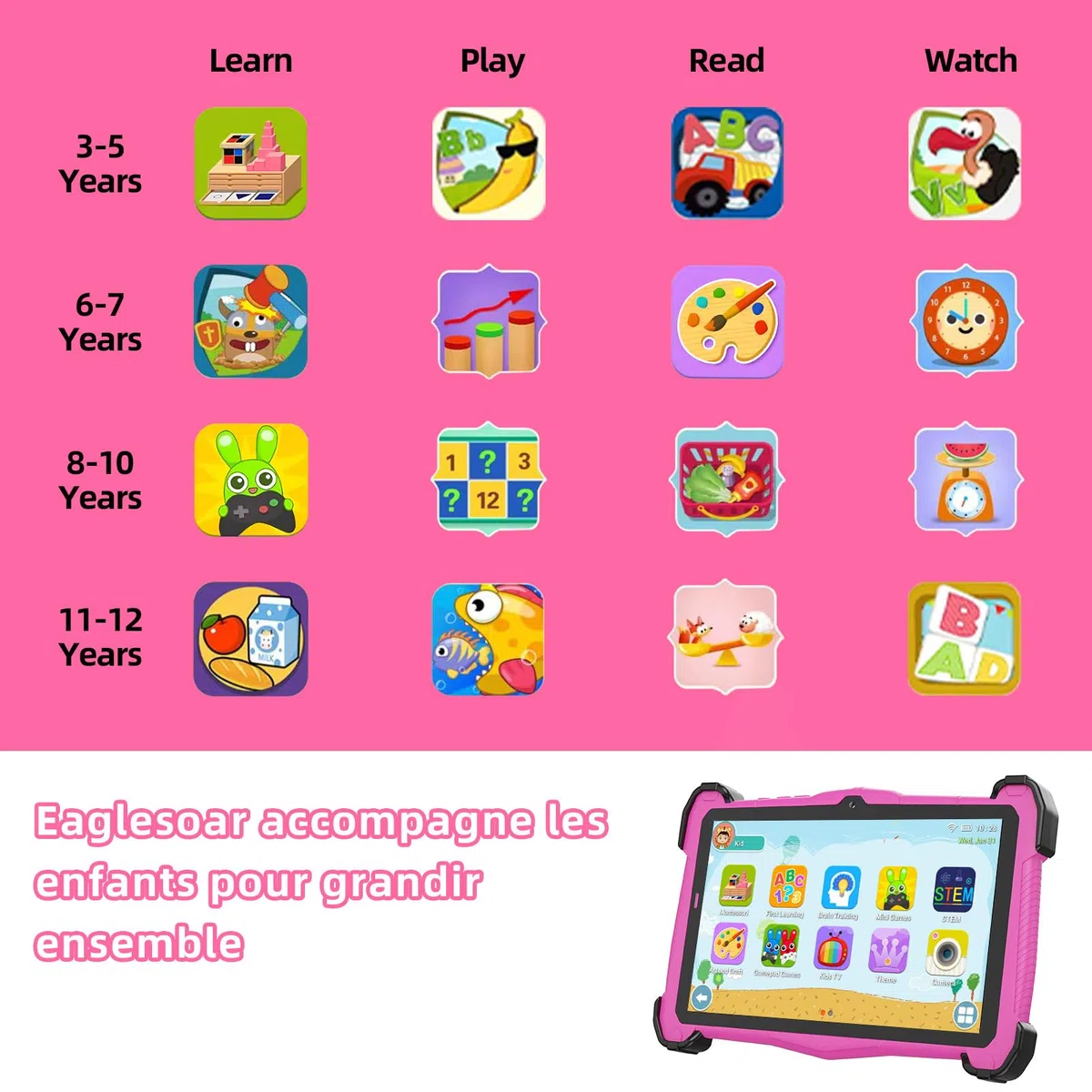 EagleSoar Tablette Enfants 7 Pouces, adaptée âgés 3 à 12 Ans, Android 14, 10Go RAM 64Go ROM 1To Extensible, avec Logiciel pédagogique iWawa et contrôle Parental, Batterie 4000mAh, Octa Core, Rose