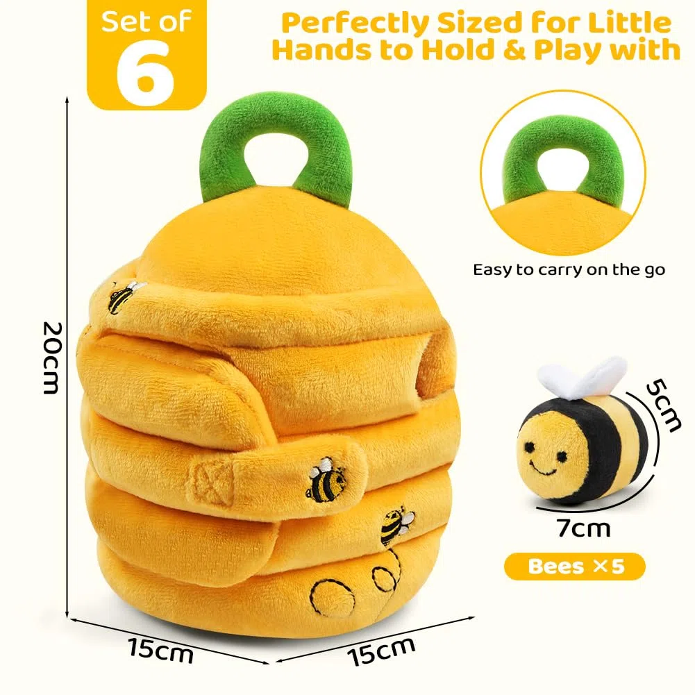 Vicloon Jouet en Peluche Bebe de 0 à 3 Ans, Ruche en Peluche avec 5 Abeilles, Jeux Montessori avec Hochets, Miroirs, Jouets Sensoriel Interactifs pour Enfant Garçon Fille