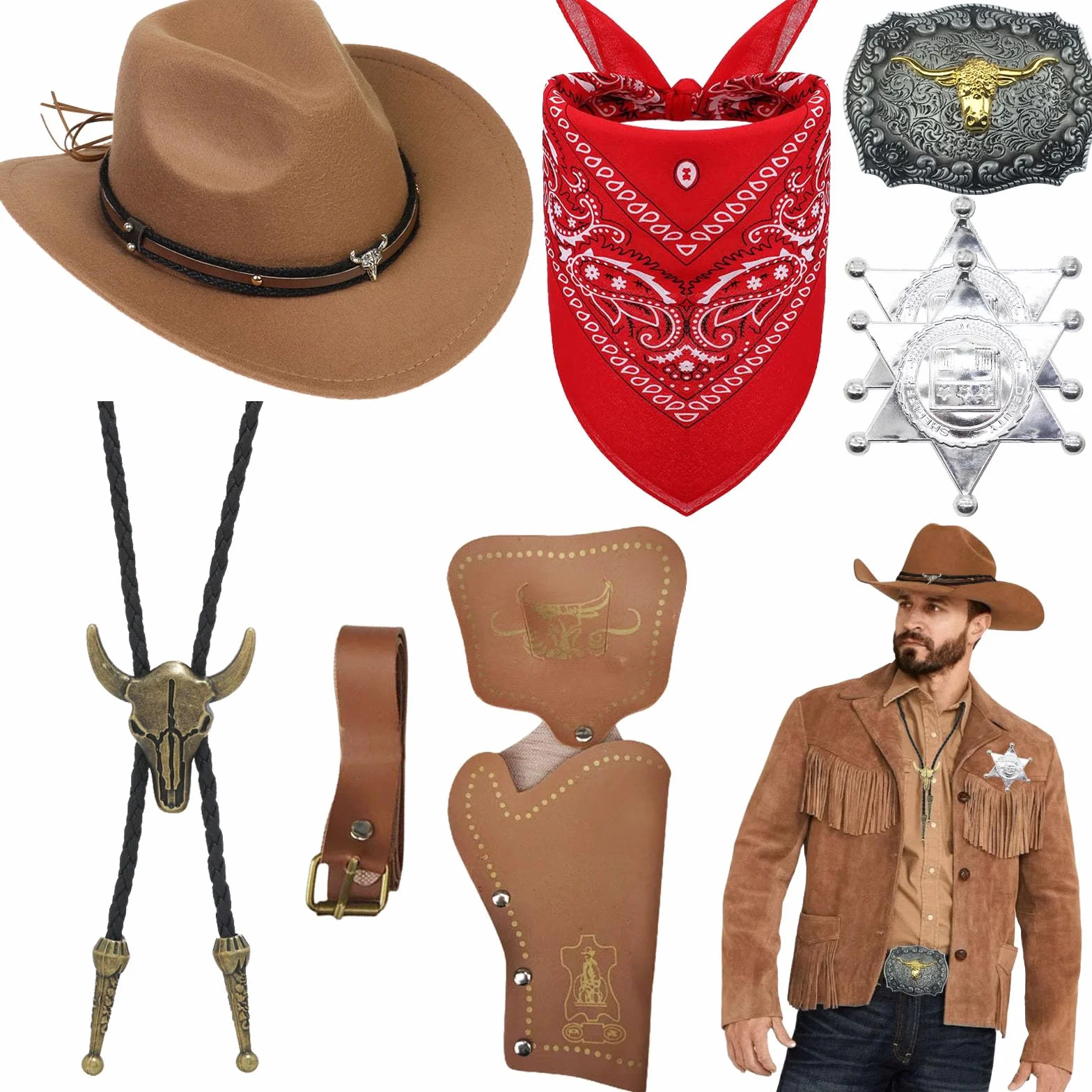 8 Pièces Cowboy Costume Accessoires Set, Marron Cowboy Fancy Dress Kit avec Chapeau Bandana Insigne Ceinture Collier Vintage pour Adulte Hippie Carnaval Cosplay (Marron)