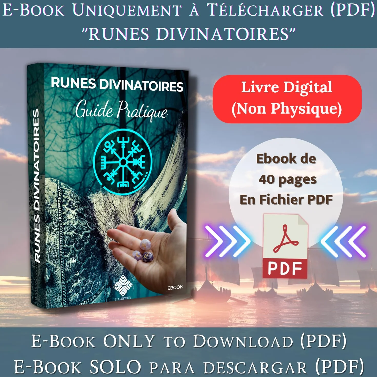Runes Divinatoires VIKINGS - Pack de 25 Runes en Pierres Naturelles d’Oeil de Tigre Gravées (2 cm x 1 cm) + Sac Noir + Ebook Pratique (PDF) - Alphabet Runique Futhark parfait pour Divination, Voyance