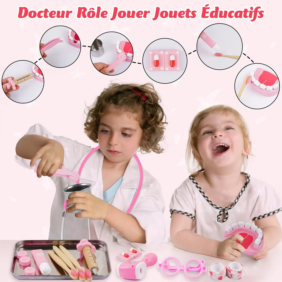 Sundaymot Mallette Docteur Enfant Jouet - 32Pièces Kit du Docteur Médicale Jouet avec Stéthoscope, Jeu d'imitation Cadeau pour Fille Garçon Enfant 3 4 5 6 7 Ans, Rose