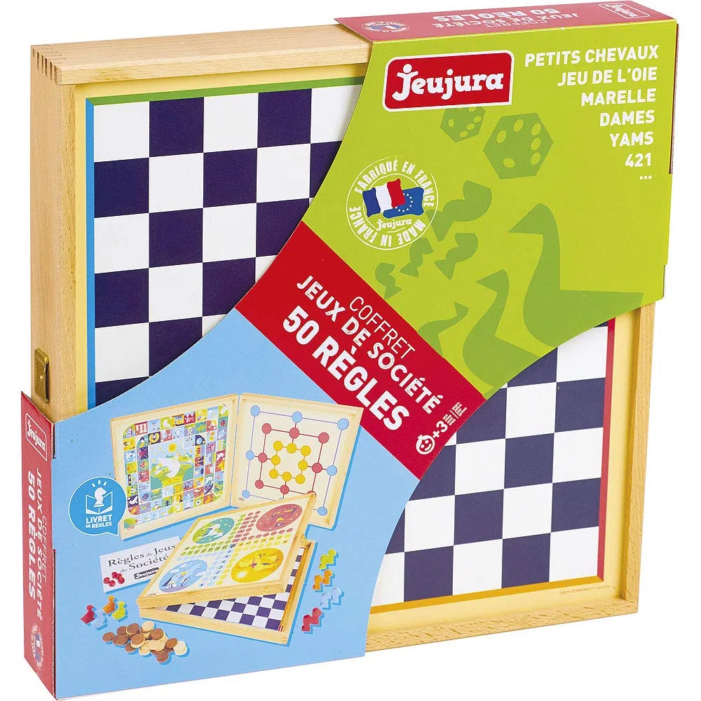 Jeujura- Coffret Classiques Petits Chevaux l’oie Dames marelle-yams-421-50 Règles-4 Plateaux de Jeu et pions en Bois-2 à 6 Joueurs, 8119, White