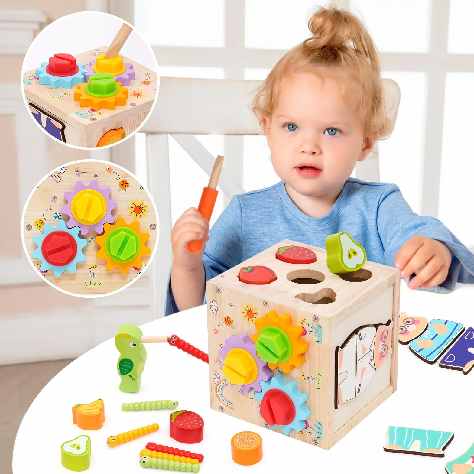 Centre Activité Bébé Multijeux Montessori,Cube d'Activité Bébé,Cube en Bois Comprend la Correspondance des Formes,le Tirage de Carottes,la Capture d'insectes,des Engrenages,Jeux en bois Bébé 1 an.