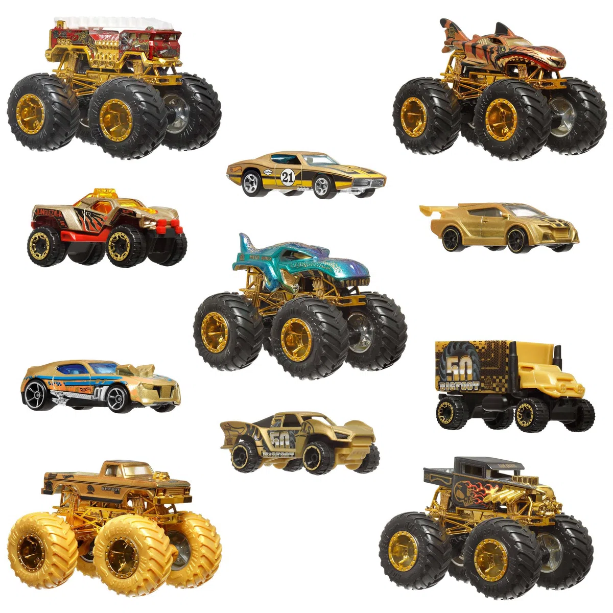 Hot Wheels Trophy Champions Coffret véhicules Monster Trucks avec Bigfoot, 5-Alarm, Bone Shaker, Mega-Wrex et Tiger Shark et 6 voitures en métal, JDW07