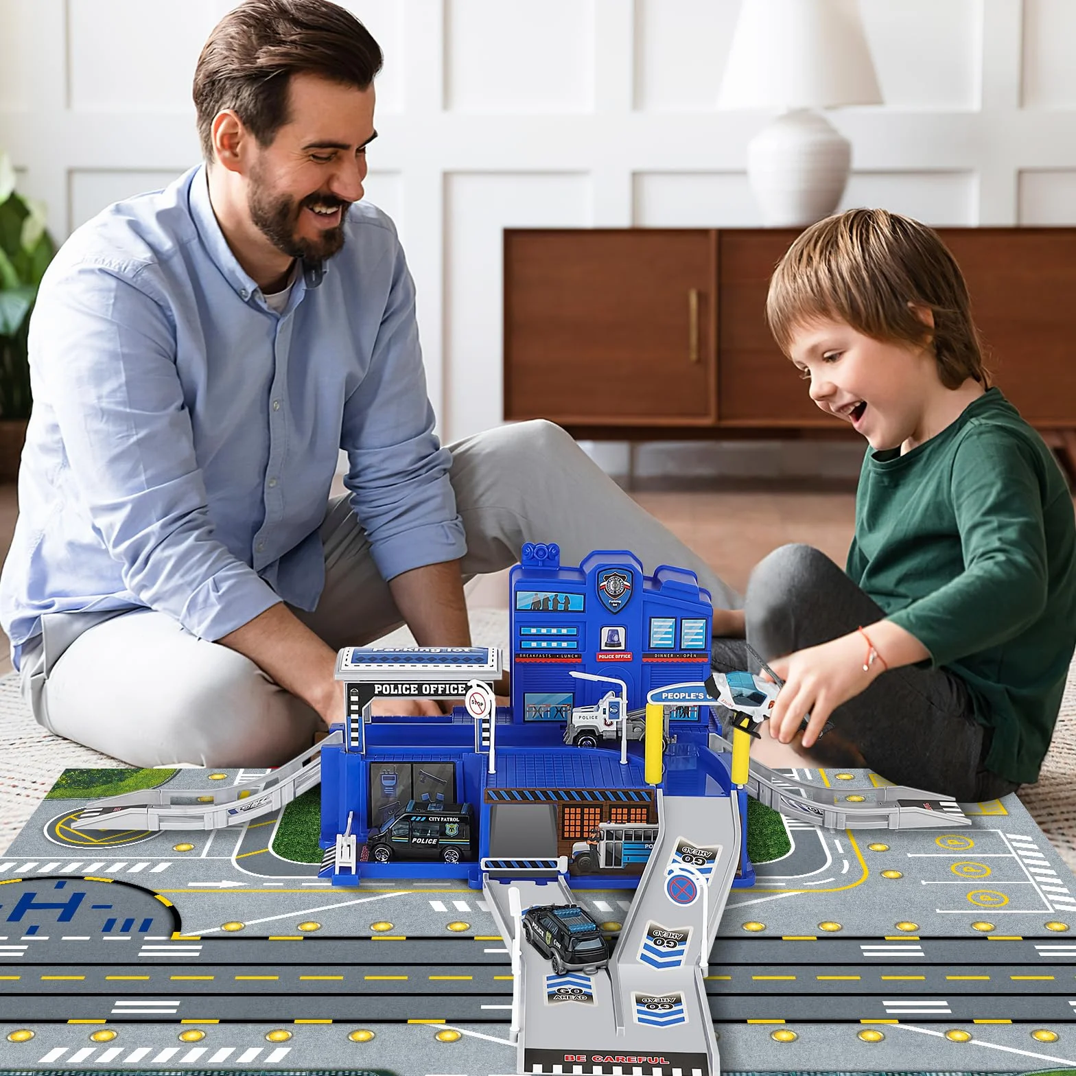 deAO City Poste de Police, Jouet de Construction avec Bâtiment de Bureau, Véhicules de Police, Hélicoptère, Camion, City Police Station avec Voiture de Police, Cadeau pour Garçons et Filles de 6 Ans+
