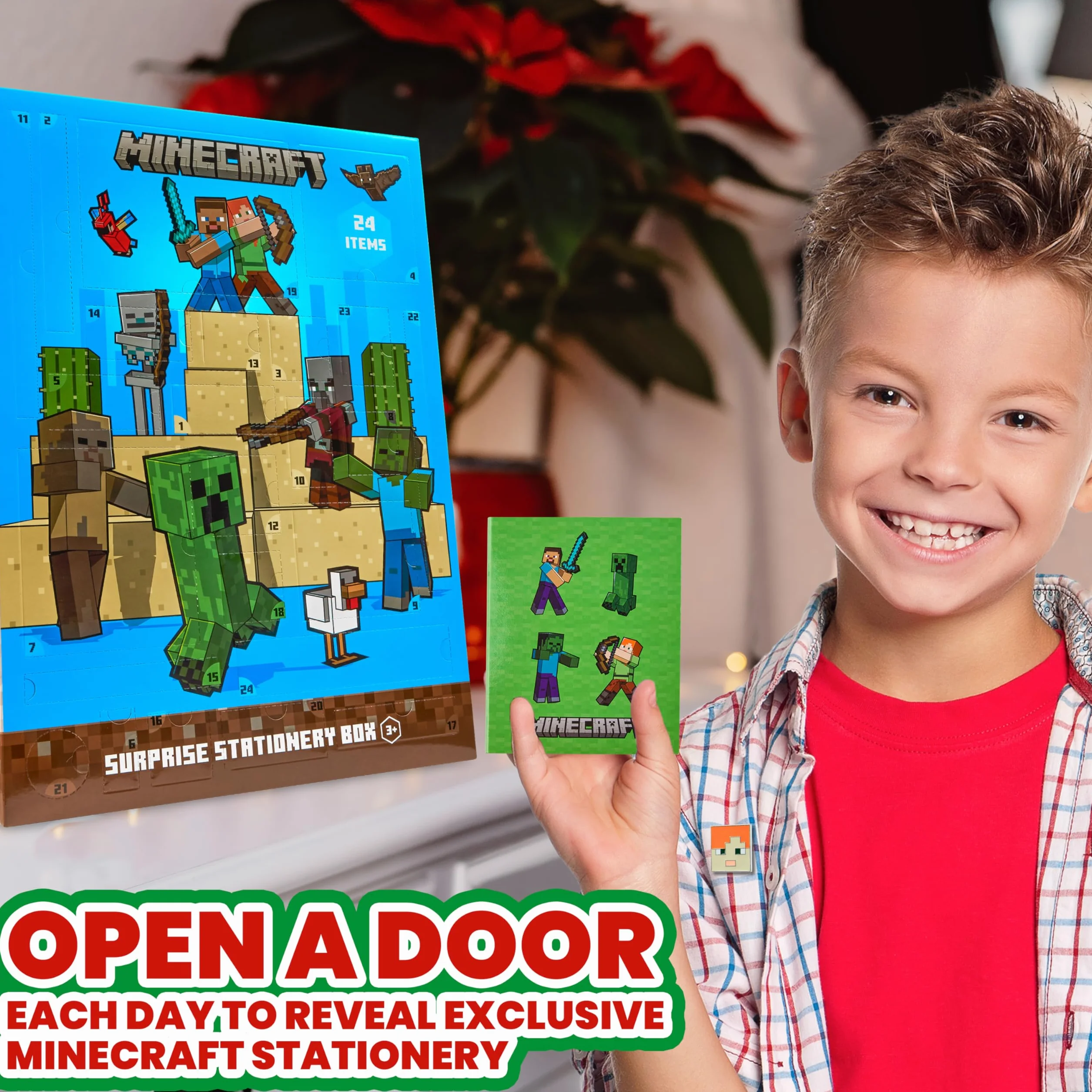 Minecraft Calendrier de l'Avent 2025 Enfant et Ado Creeper Compte à Rebours Noel 24 Surprises Papeterie Original et Accessoires Kawaii Cadeau Enfant (Bleu)