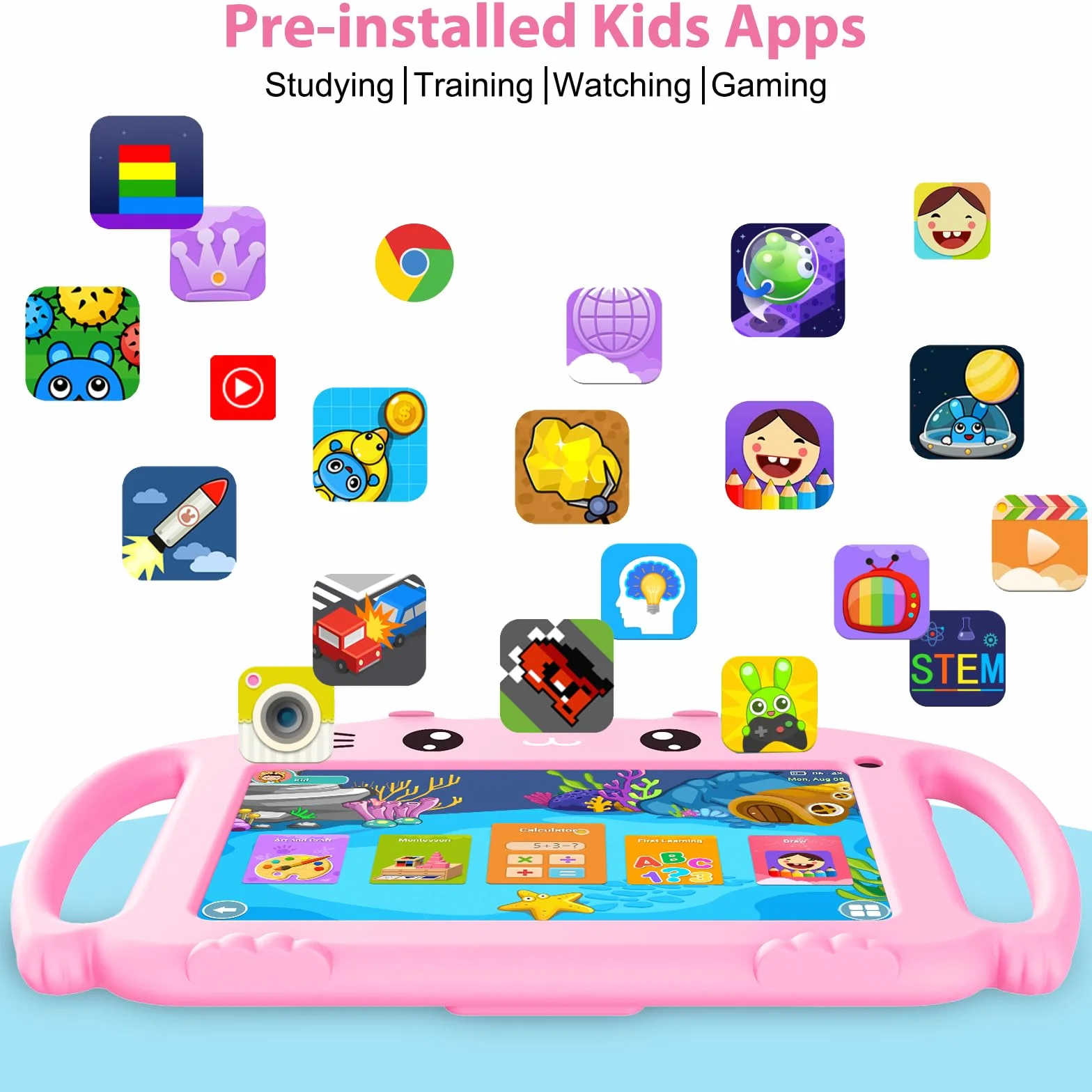 Tablette pour Enfant 7 Pouces Android avec WiFi 2Go RAM 32Go ROM, Contrôle Parental, Double Caméra, Kid-Proof Étui (Rose)