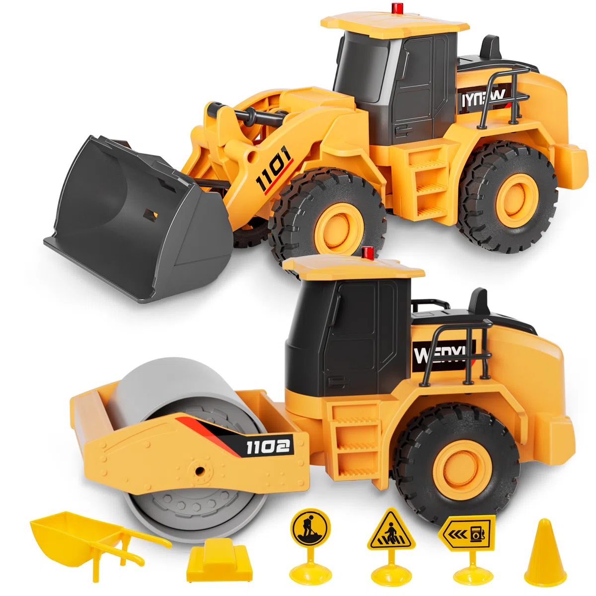 Engin de Chantier Jouet, 2Pcs Jouets de Sable avec Musique & Lumière, Jouets de Camion Bulldozer et Rouleau compresseur, Cadeau pour Garçons Filles Enfants Âgés de 3 4 5 6 7 8 Ans