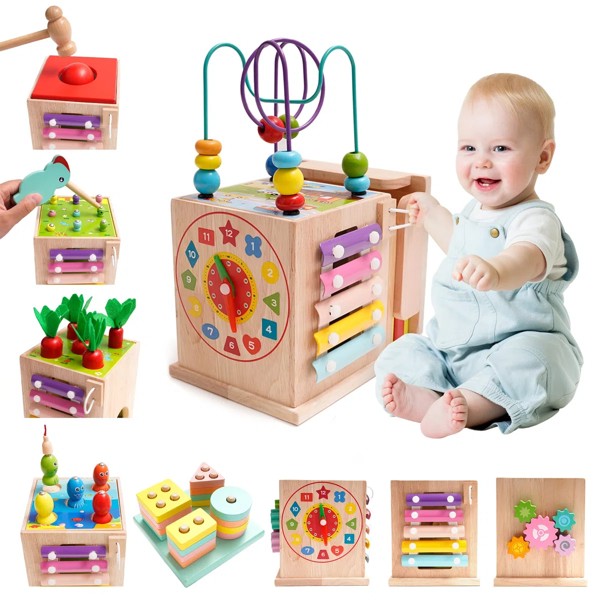 NUKied Montessori Jouet Bebe 1 2 3 an |9 en 1 Cube d'activités motrices dès |Frapper la Balle,Formes À Trier Empiler Jeu,Jouet de Récolte de Carottes,Jouet en Bois pour Cadeau Fille Garcon Bébés