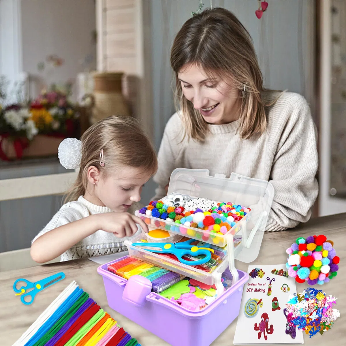 3000 Pcs Activité Manuelle Enfant Kit Bricolage Enfant Boîte Bricolage à 3 Niveaux avec Pipe Cleaners Kits de Loisir Creatif Enfant DIY Jouets Cadeaux pour Filles et Garçons 4-6 6-8 8-12 Ans, Violet