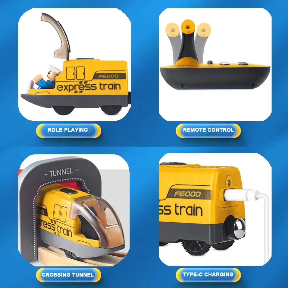 TOPLIVING Train de train motorisé en bois télécommandé avec connexion magnétique - Train de locomotive à piles pour tout-petits - Compatible avec Thomas, Brio, Chuggington (sans piste)