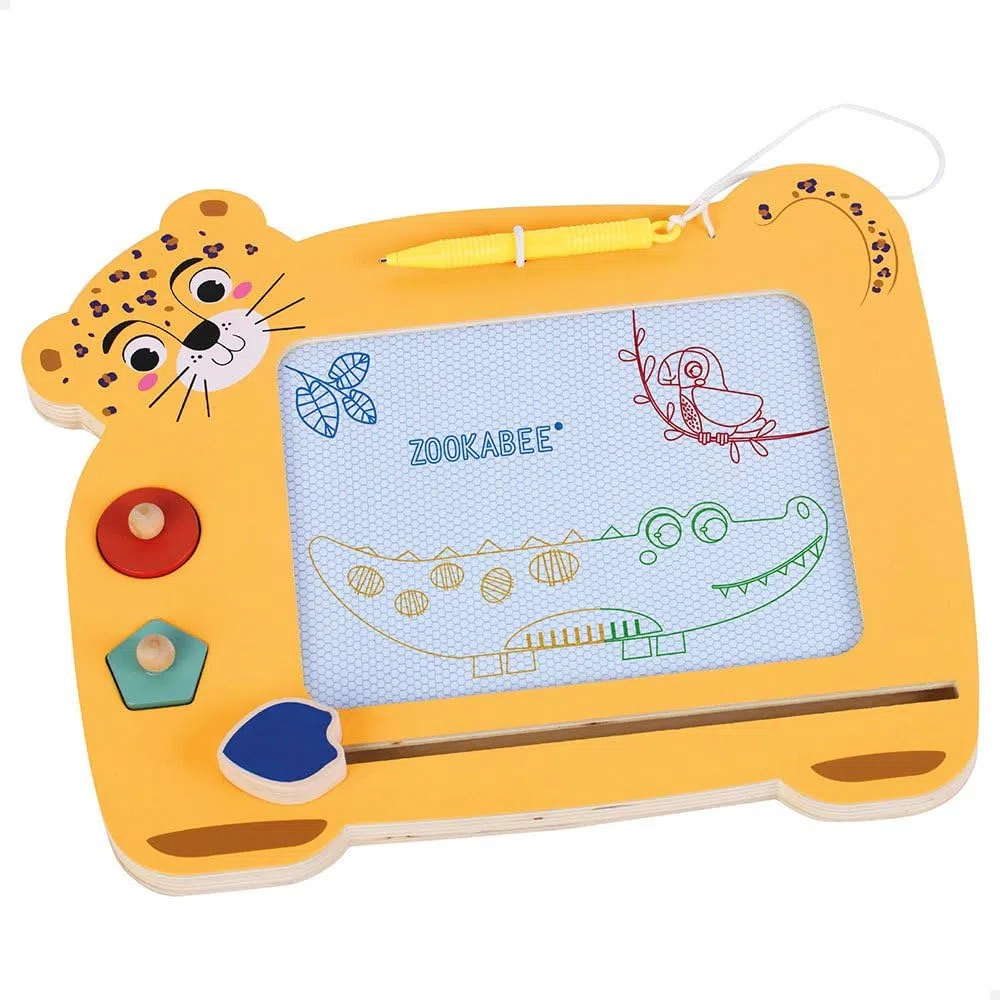WOOMAX Tableau magnétique en Bois, Peint en 4 Couleurs différentes, avec 2 tampons, Gomme et Stylo, Motif léopard, Jouets pour Enfants de 3 Ans, Jeux éducatifs, Tableaux Noirs pour Enfants, FSC