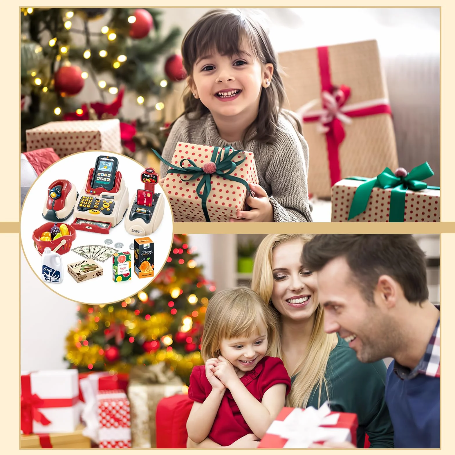 deAO Kit de supermarché avec Une Caisse enregistreuse avec Scanner, Une Carte de crédit, des Aliments, de l’Argent et des Accessoires d’épicerie – Jeu de rôle pour Enfants.
