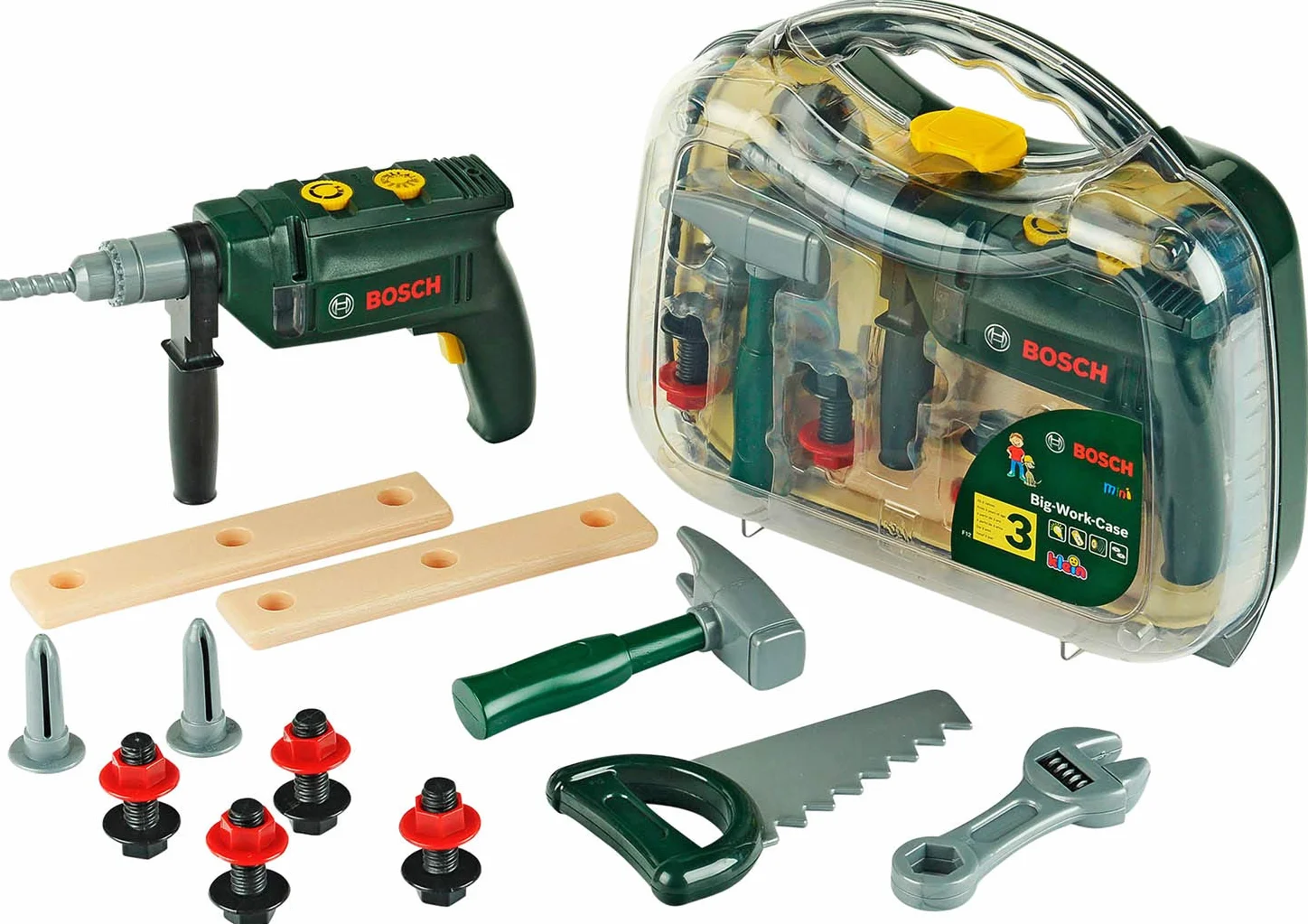 Theo Klein 8416 Mallette outils Bosch, grand modèle | Set de 16 accessoires y compris la perceuse avec lumière et bruitage | Dimensions : 32 cm x 8 cm x 29 cm | Jouet pour enfants à partir de 3 ans