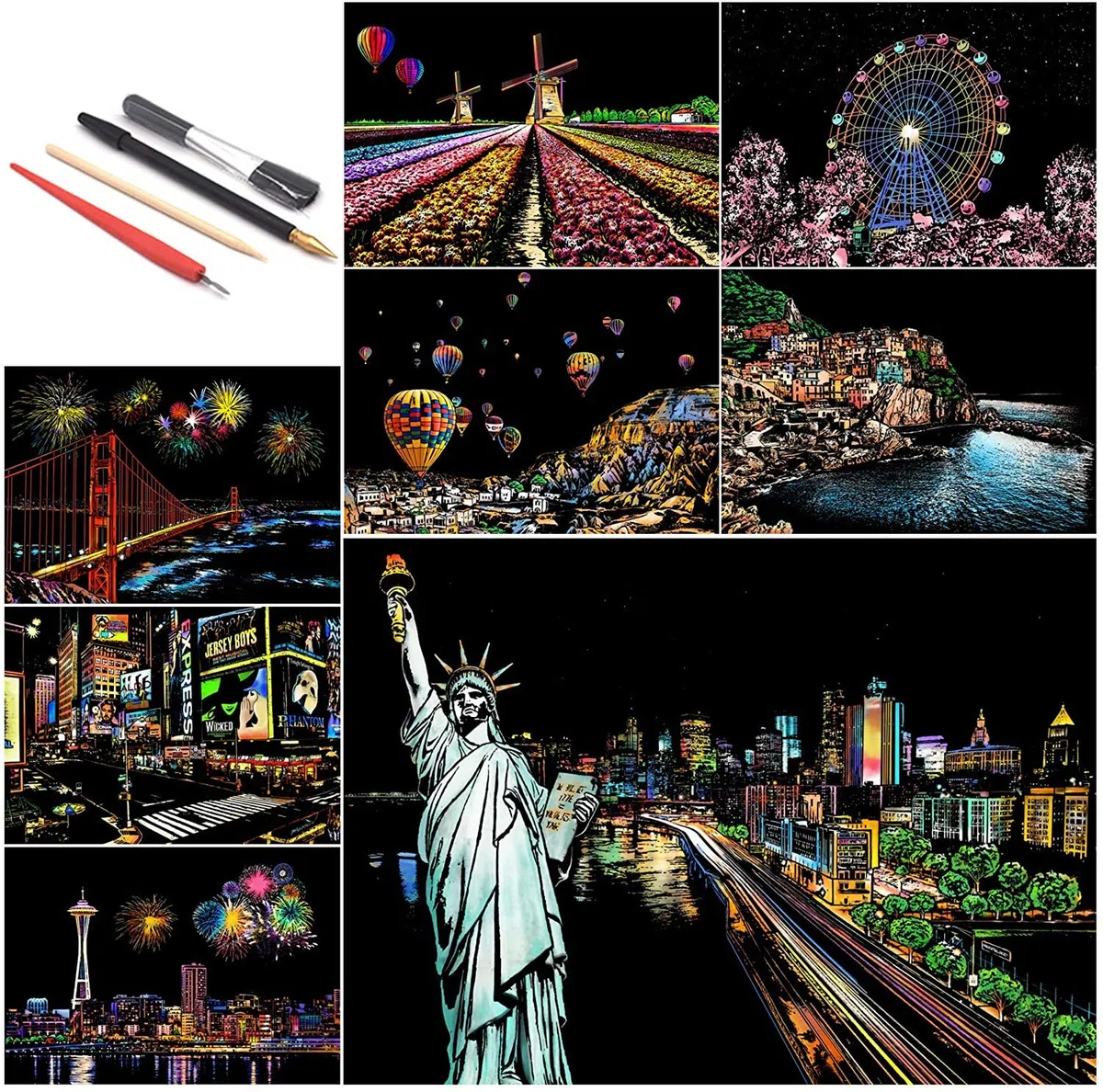 Scratch Paper Rainbow Painting Sketch, City Series Night Scene, Scratch Painting Creative Gift, Scratchboard pour Adultes et Enfants avec 4 Outils
