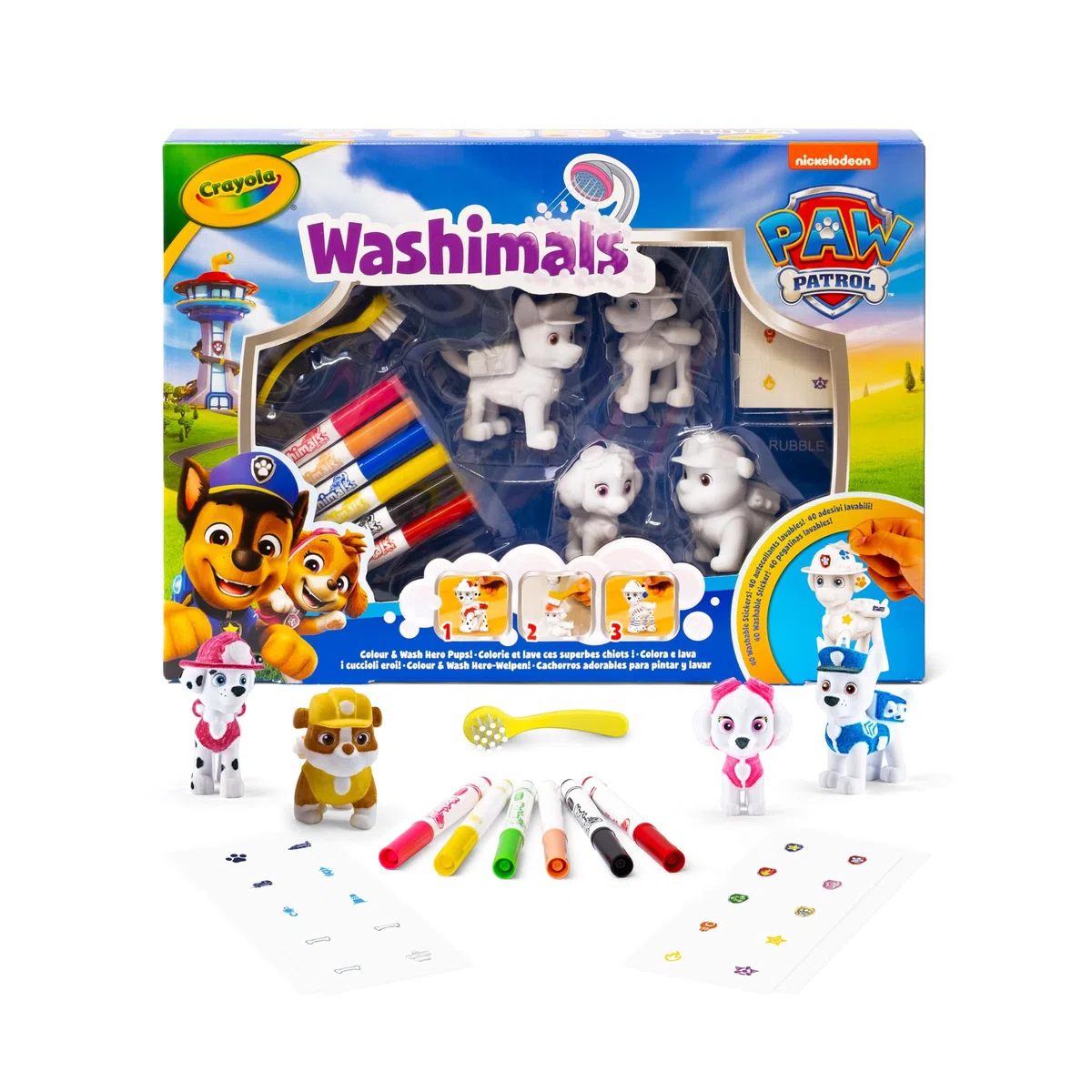 CRAYOLA - Washimals Pat' Patrouille, Kit Activité avec 4 bébés Animaux, 6 Feutres Lavables, 40 Autocollants et Brosse, Jeu et Cadeau pour Enfants, à partir de 3 Ans, 74-0290