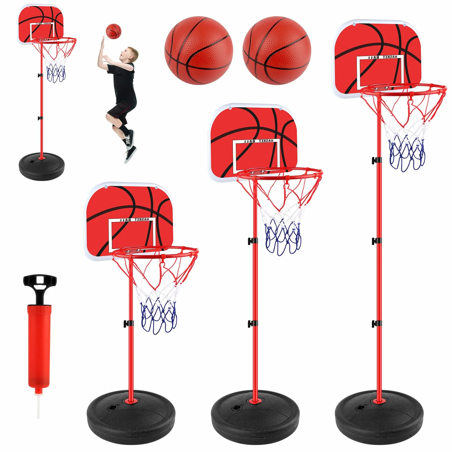 Panier de Basket Enfant, Panier de Basket Exterieur avec Support, Panier Basket Enfant Réglable en Hauteur 60-150cm, Kit Basketball Junior avec 2 Ballons Une Pompe