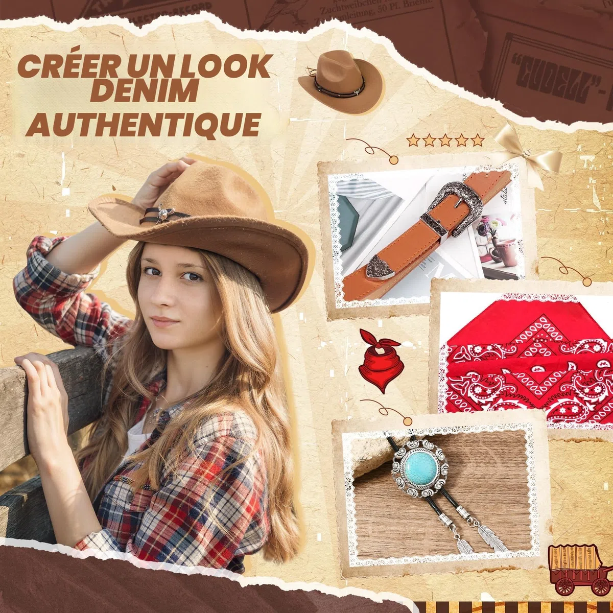 5 Pièces Set de Déguisement Cowboy Western pour Femme, Kit Accessoires de Cowgirl avec Chapeau Collier Boucles d'oreilles Ceinture Bandana pour Halloween Masqué Cosplay Fêtes