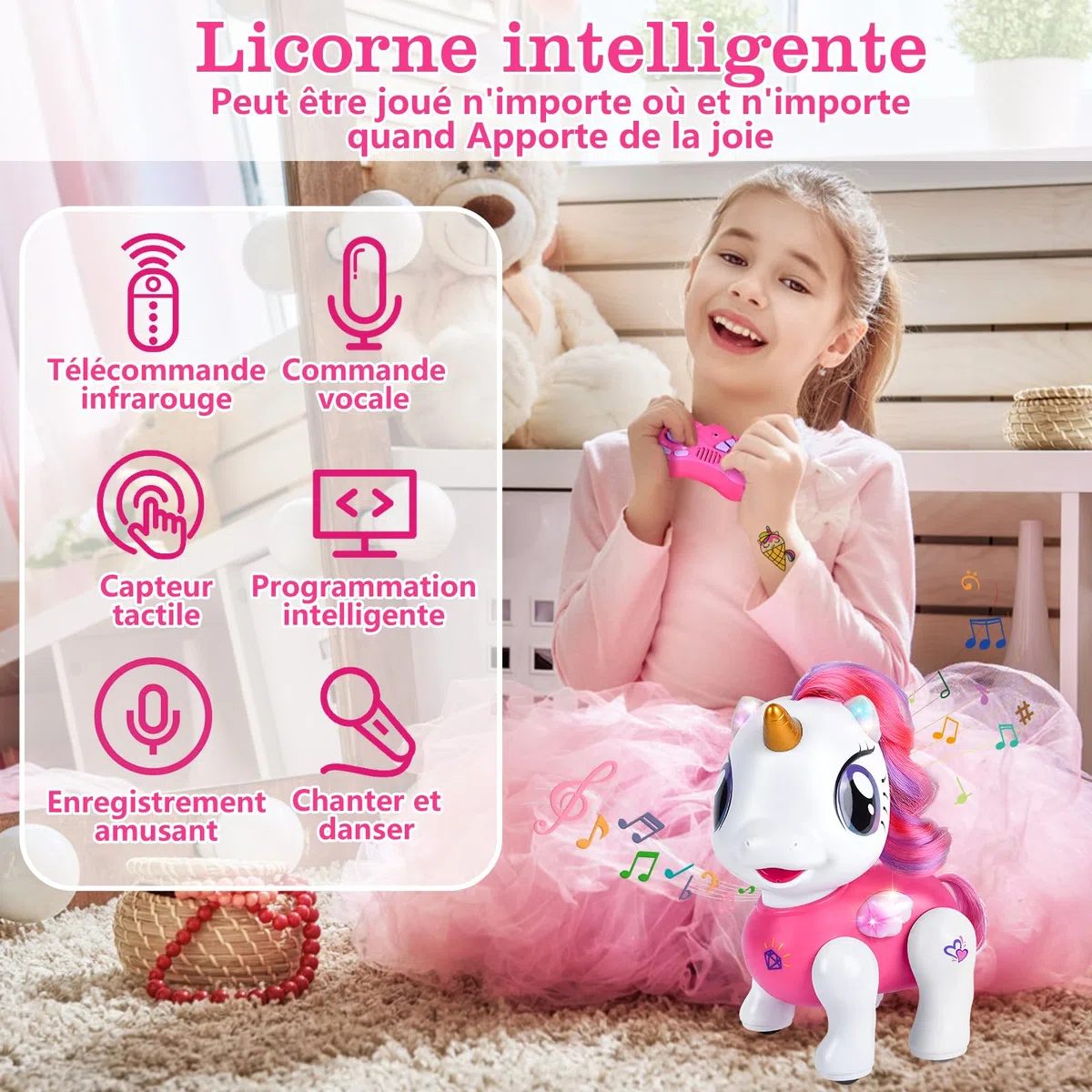 Joellfuner Licorne Jouet, Robot Telecommandé Enfant, Interactif Robot Fonction d'Enregistrement Programmable, Musique, Danse et Touchant, Licorne Jouets pour Filles 3+ Cadeaux