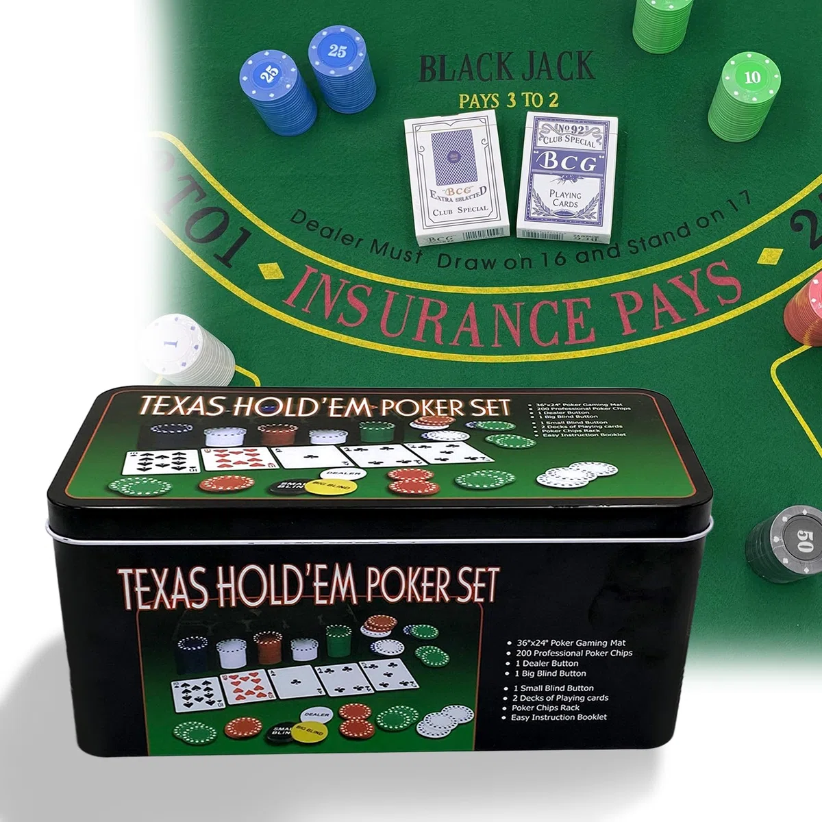 Kit de Poker 200 Jetons, Texas Holdem Set de Poker en Boite Métallique avec Tapis, 5 Couleurs Numérotés pour Soirée Jeux, Coffret de Complet pour Adultes (Kit de Poker 200 Jetons)