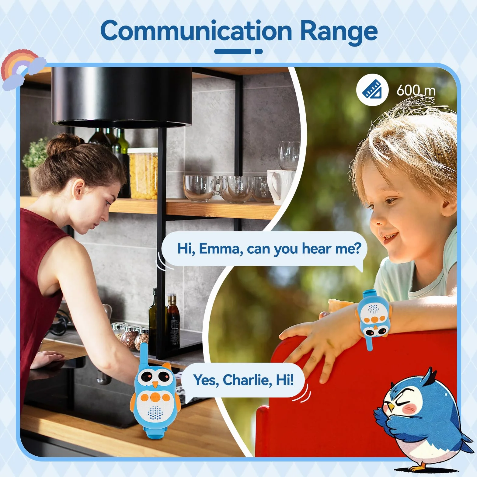 Retevis RT30W Talkie Walkie Enfants, Rechargeable Jouet Enfant 4-8 Ans Garcon Hibou Jouets, LED Yeux, Garçons Filles Idée Cadeau Anniversaire Exterieur Camping Jeu Familial (1 Paire)